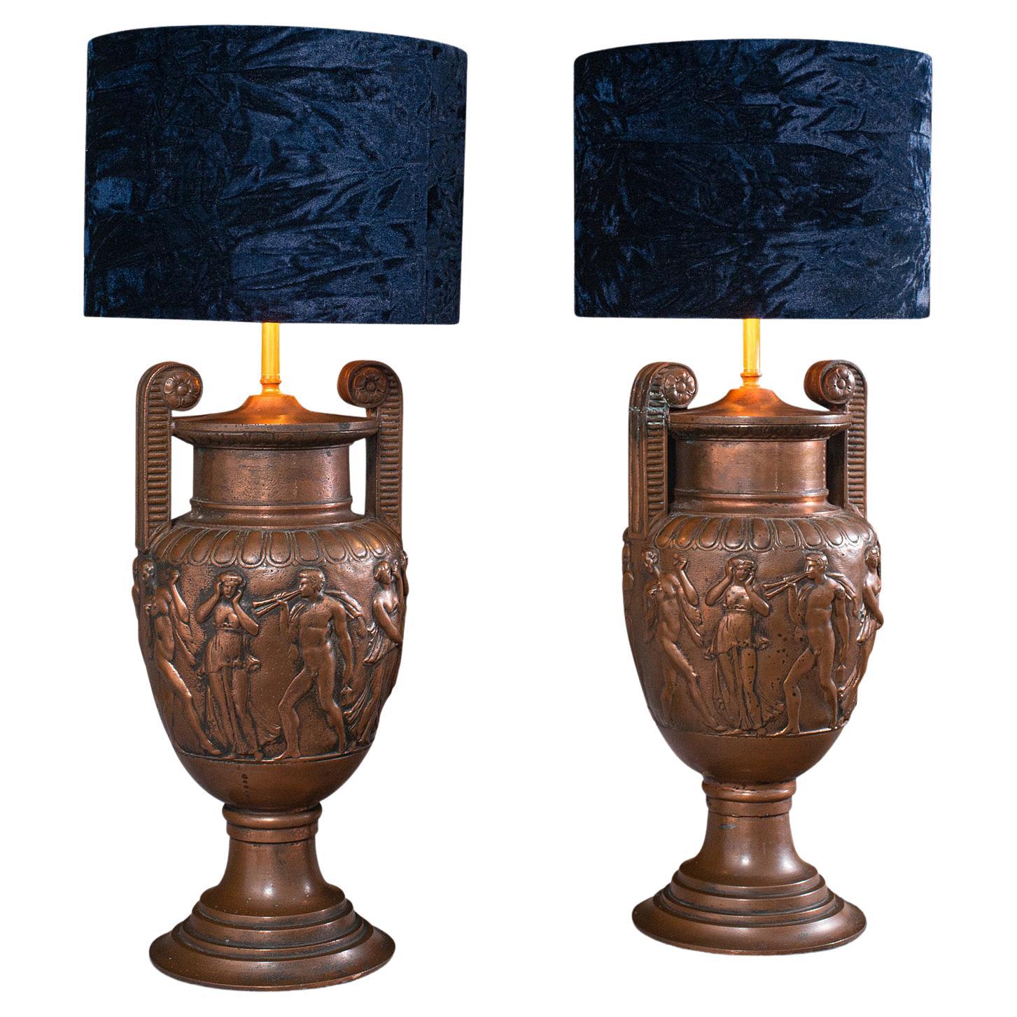 Pair of Antique Decorative Lamps, Bronze, Table Light, Townley Vase, Victorian