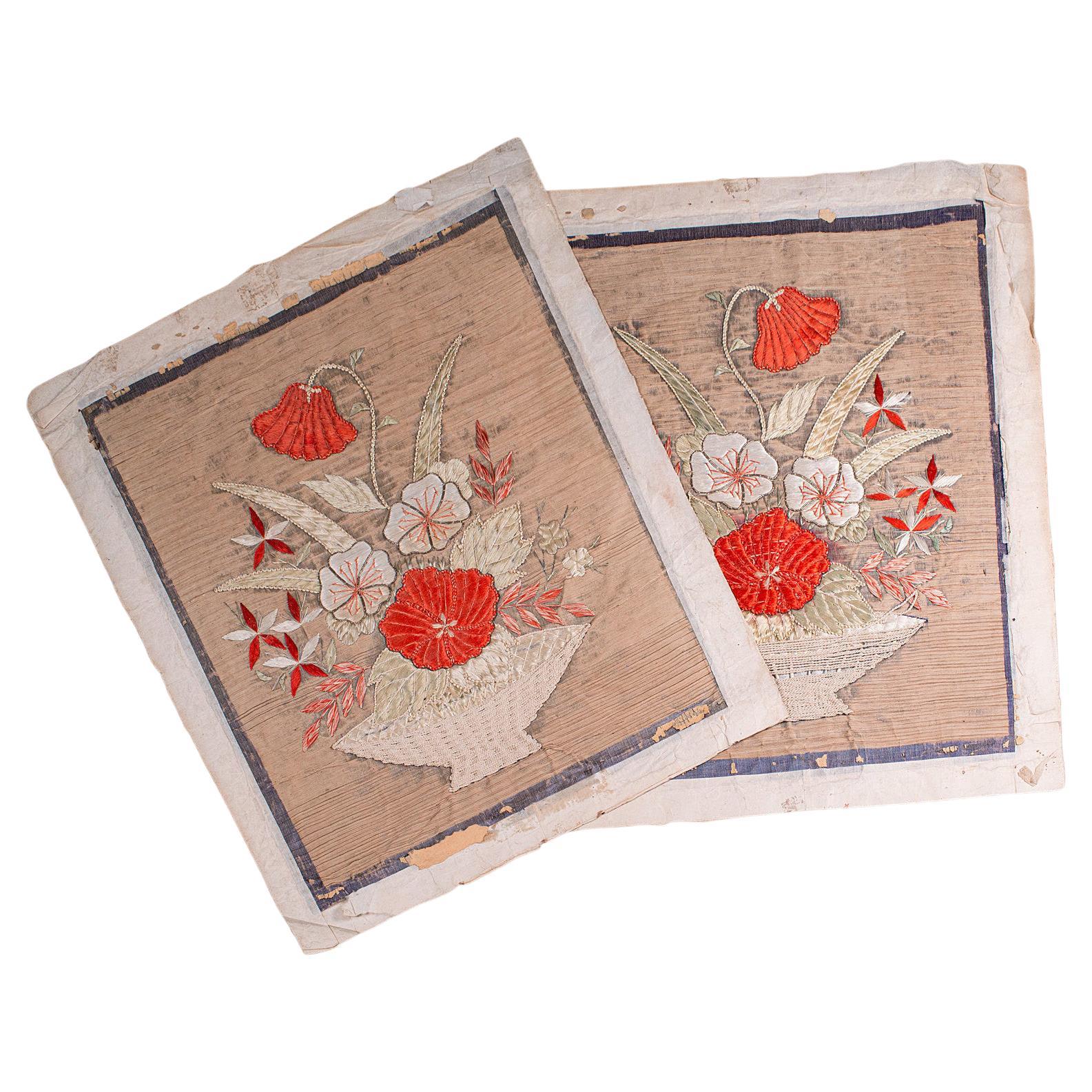 Pair of Antique Decorative Panels, Chinese, Embroidered Silk, Victorian, C.1880 For Sale
