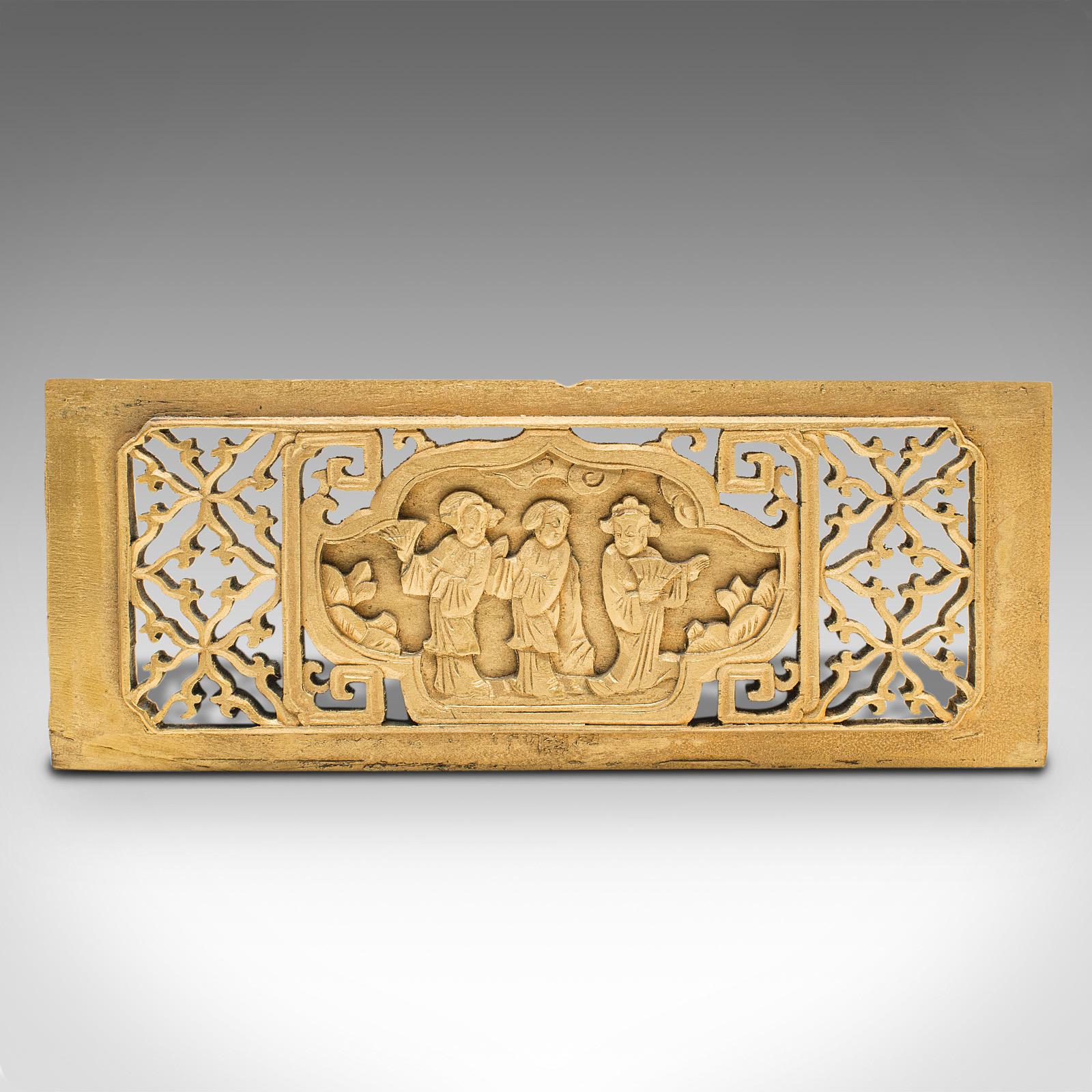 This is a pair of decorative panels. A Japanese, gilt mahogany carved fretwork inset, dating to the late Victorian period, circa 1900.

Unusual and fascinating, with excellent cared craftsmanship
Displaying a desirable aged patina