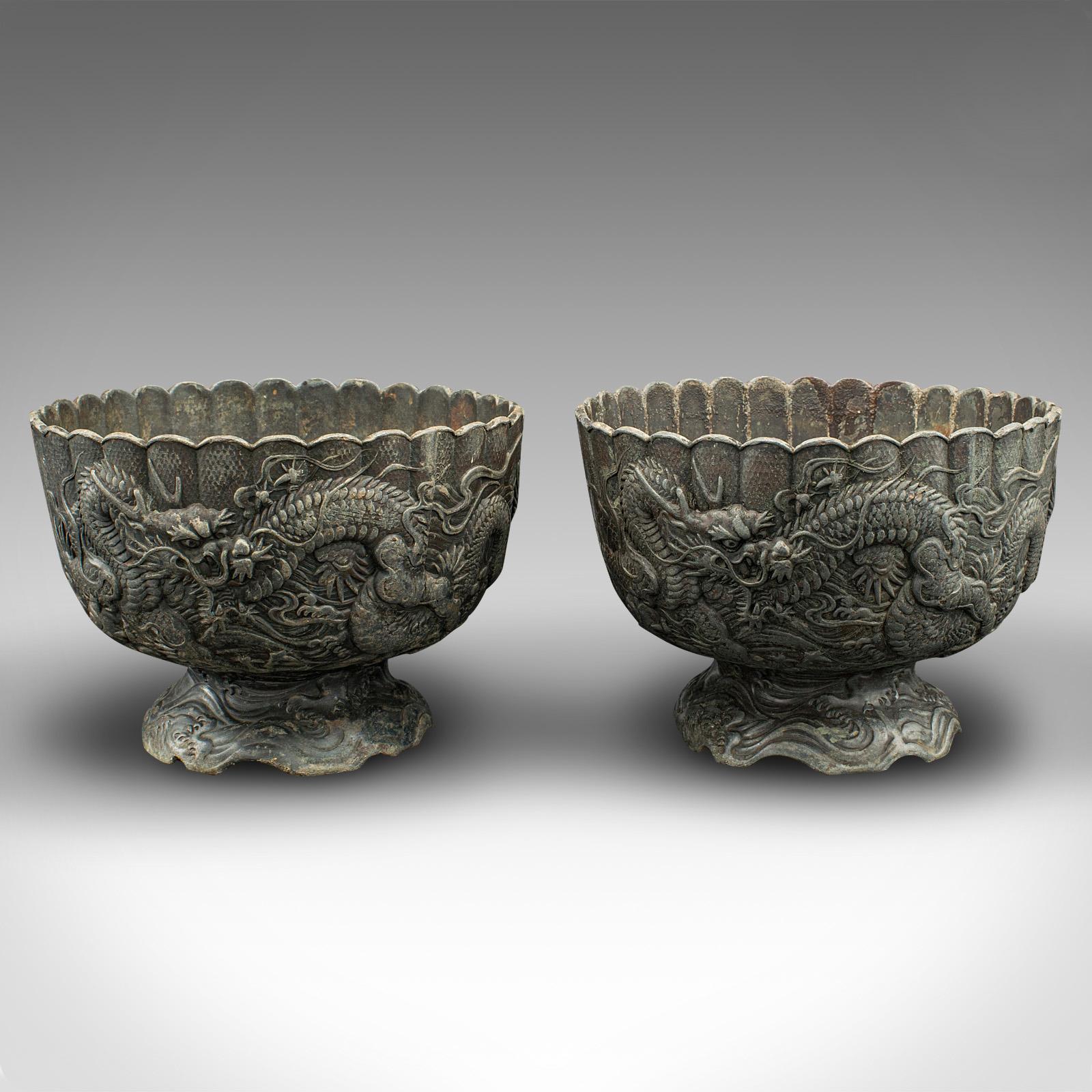 This is a pair of antique decorative planters. A Chinese, cast lead jardiniere pot, dating to the Victorian period, circa 1880.

Strikingly presented relief decor accentuates these appealing planter
Displaying a desirable aged patina and in good