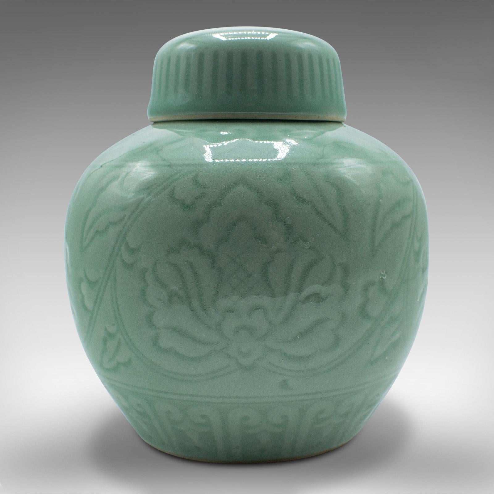 Pair Of Antique Decorative Spice Jars, Chinese, Celadon, Ceramic Pot, Victorian For Sale 4