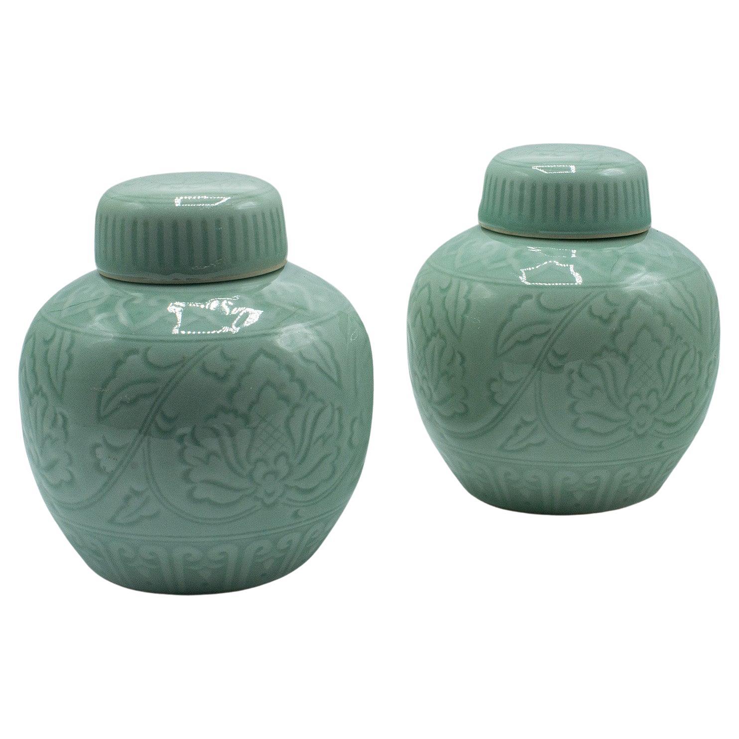 Pair Of Antique Decorative Spice Jars, Chinese, Celadon, Ceramic Pot, Victorian For Sale