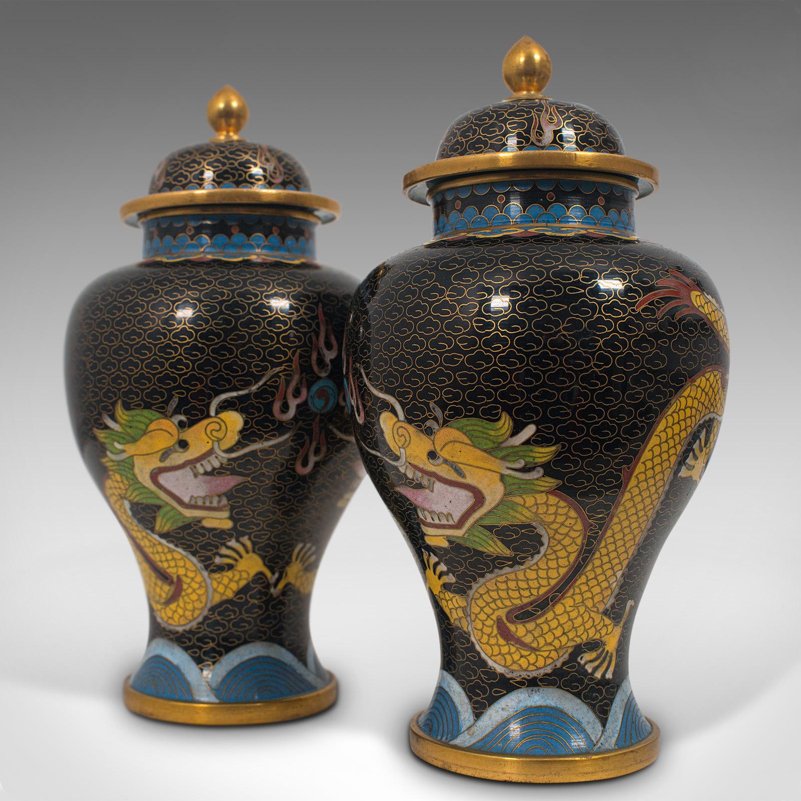Antike dekorative Gewürzdosen, Chinesisch, Cloisonné, Baluster Urne um 1900, Paar im Angebot 4