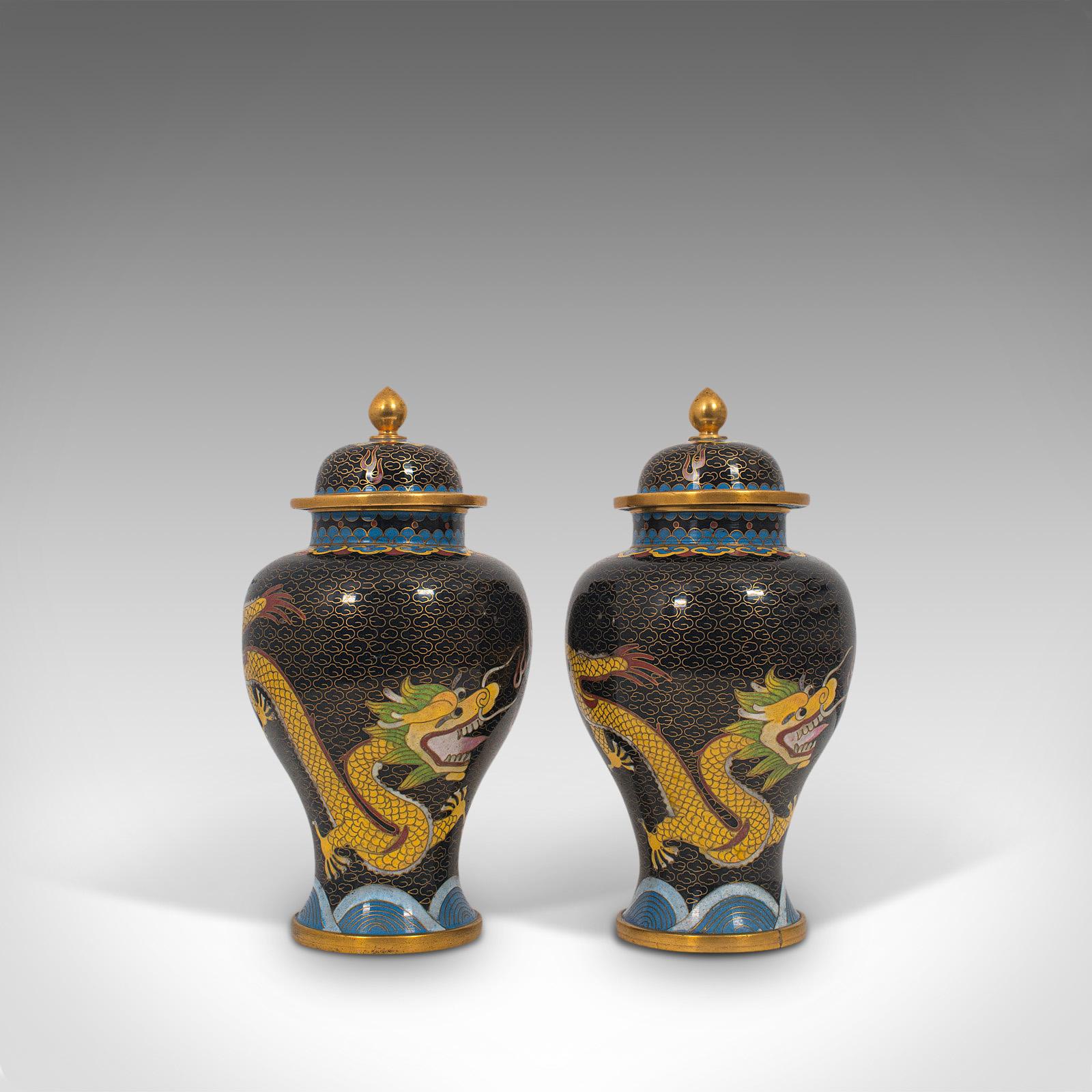 Antique Decorative Spice Jars, Chinese, Cloisonné, Baluster Urn circa 1900, Pair In Good Condition For Sale In Hele, Devon, GB