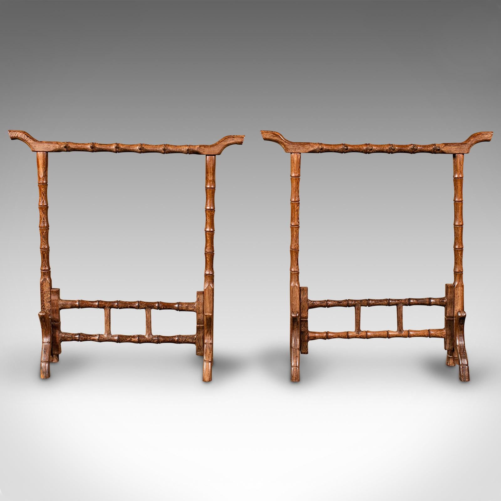 This is a pair of antique decorative spoon rests. A Japanese bamboo-effect carved teak kitchen utility stand, dating to the late Victorian period, circa 1900.

Delightfully carved in the manner of a Torii gate
Displays a desirable aged patina and