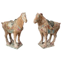 Pair of Antique Decorative Tang-Style Hand Painted Wooden Horses