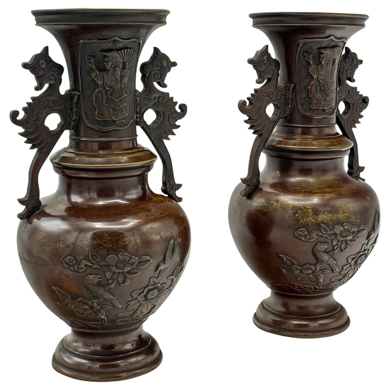 Coppia di urne decorative antiche, giapponese, bronzo, vaso, periodo Edo, vittoriano