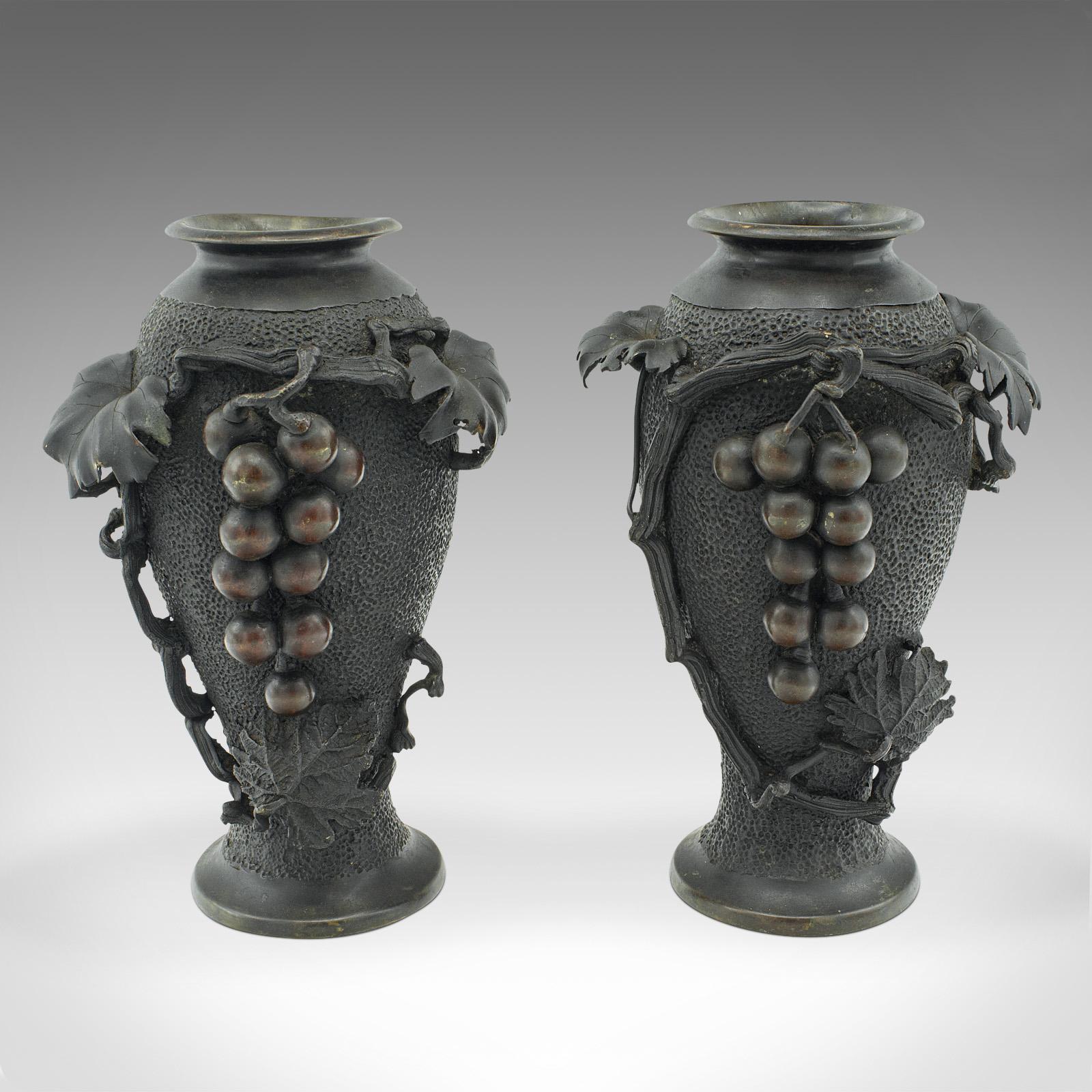 Si tratta di una coppia di vasi decorativi antichi. Un balaustro giapponese in bronzo del periodo Meiji, risalente alla metà del periodo vittoriano, circa 1870.

Vasi scolpiti e rifiniti in modo sorprendente e dalle proporzioni accattivanti
Mostra