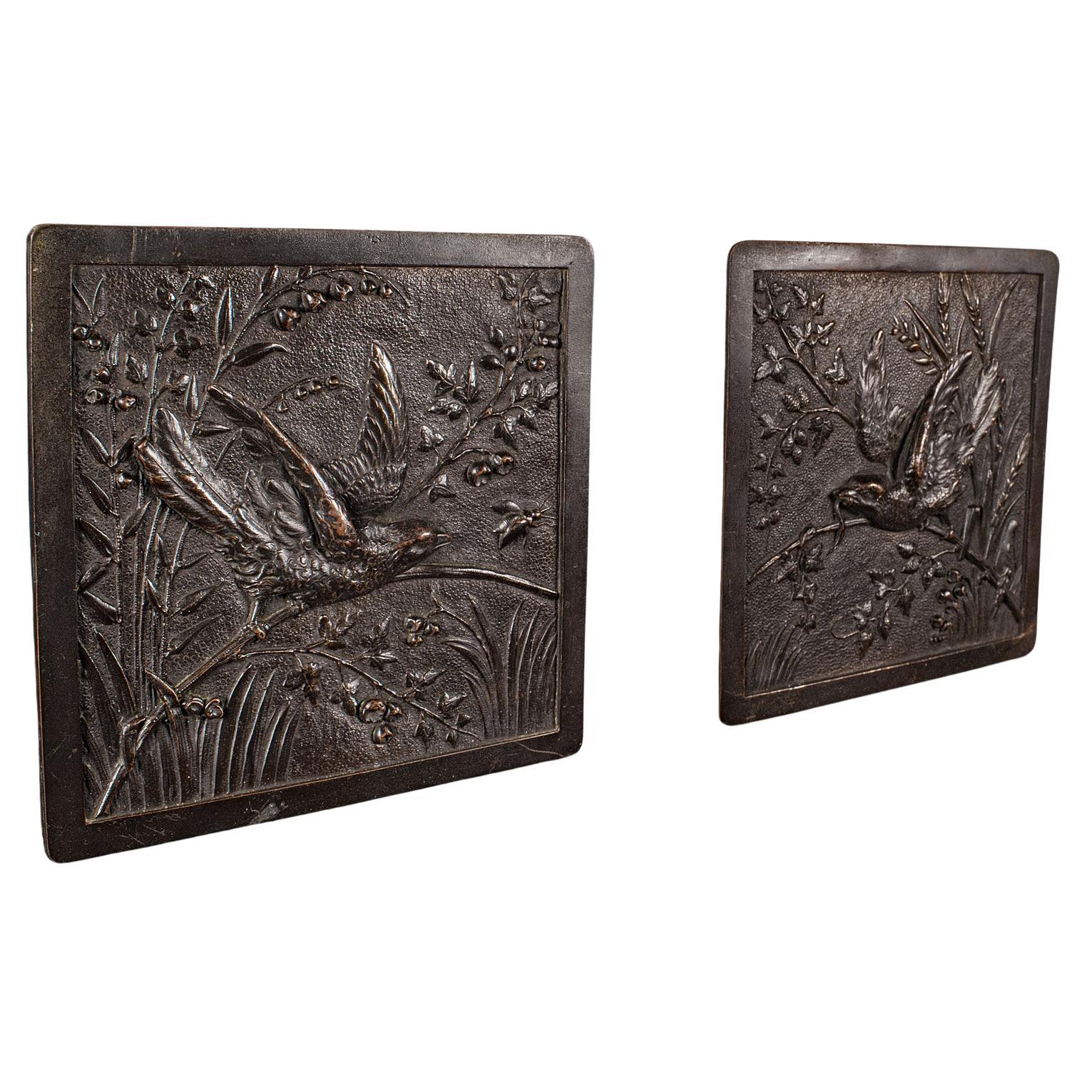 Pair Of Antique Decorative Wall Plaques, Japanese, Bronze, Edo Period, Victorian For Sale
