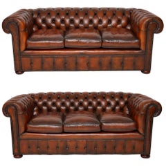 Pair of Antique Deep Buttoned Leather Chesterfield Sofas