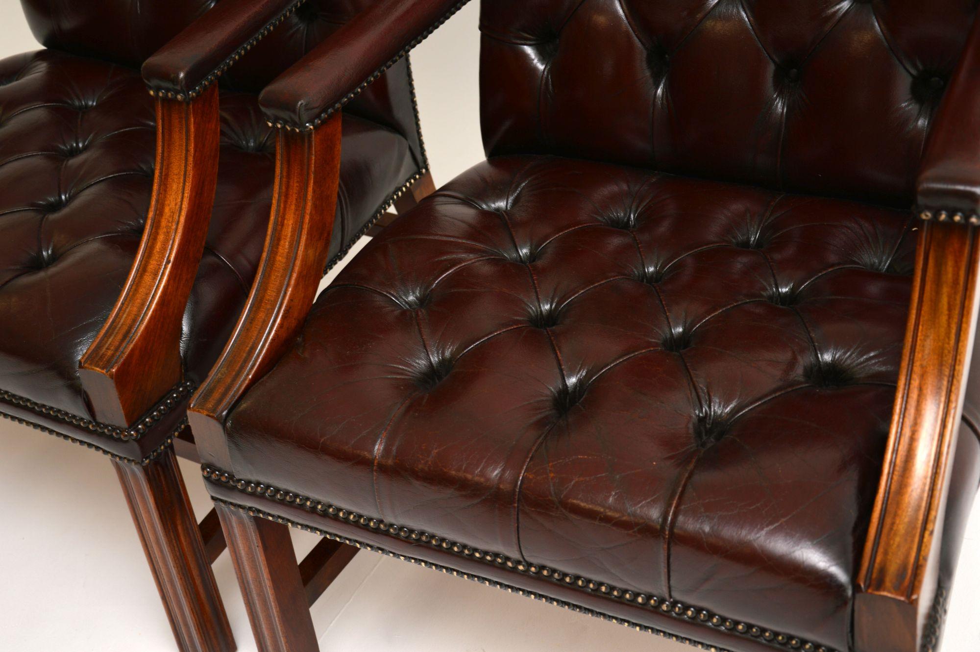Pair of Antique Deep Buttoned Leather Library Armchairs 1