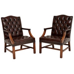 Pair of Antique Deep Buttoned Leather Library Armchairs