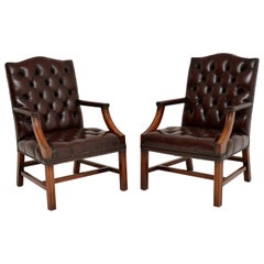 Pair of Antique Deep Buttoned Leather Library Armchairs