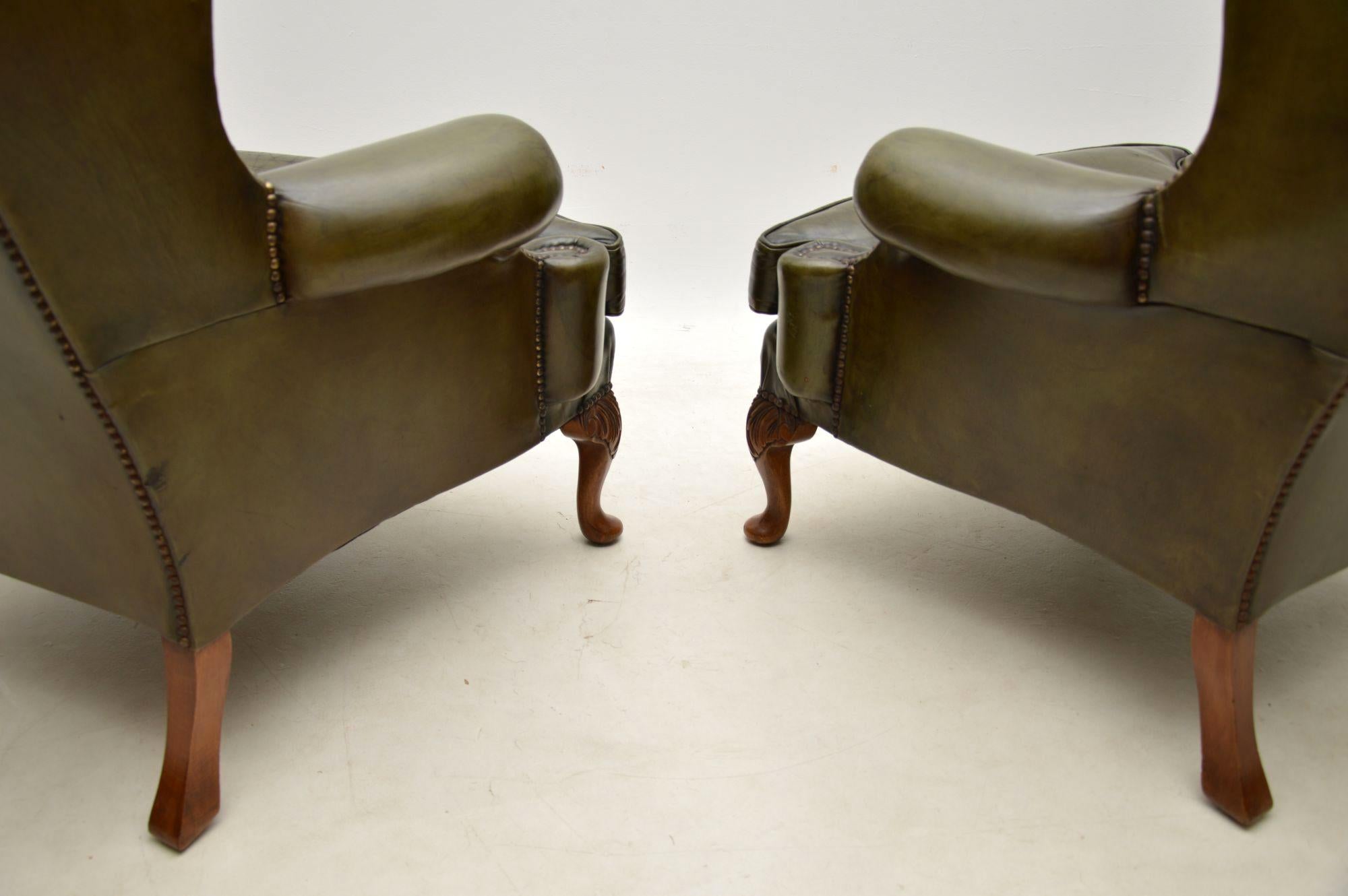 Pair of Antique Deep Buttoned Leather Wingback Armchairs 4
