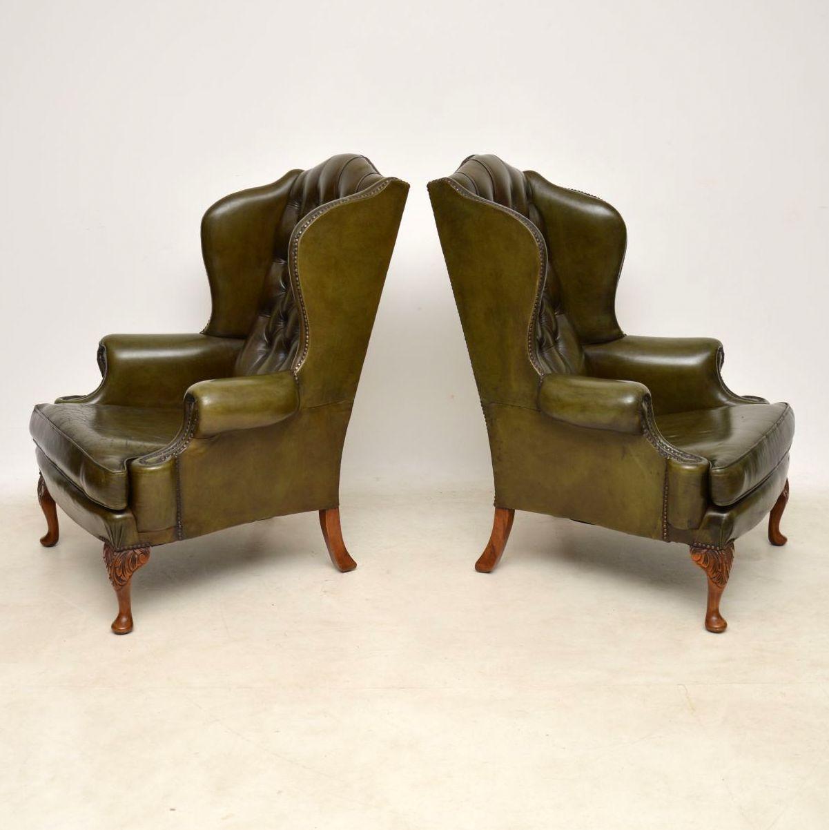 Victorian Pair of Antique Deep Buttoned Leather Wingback Armchairs
