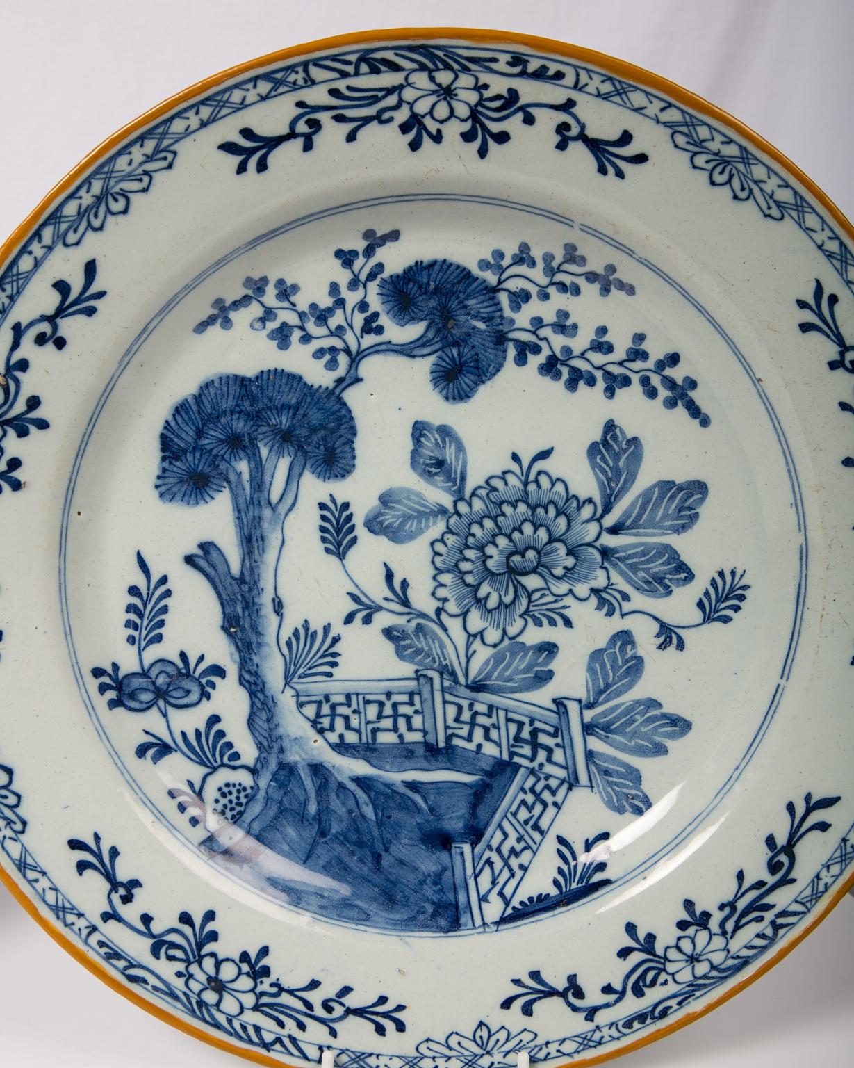 Chinoiserie Pair of Antique Delft Blue and White Chargers
