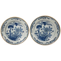 Pair of Antique Delft Blue and White Chargers Showing a Garden Scene circa 1780