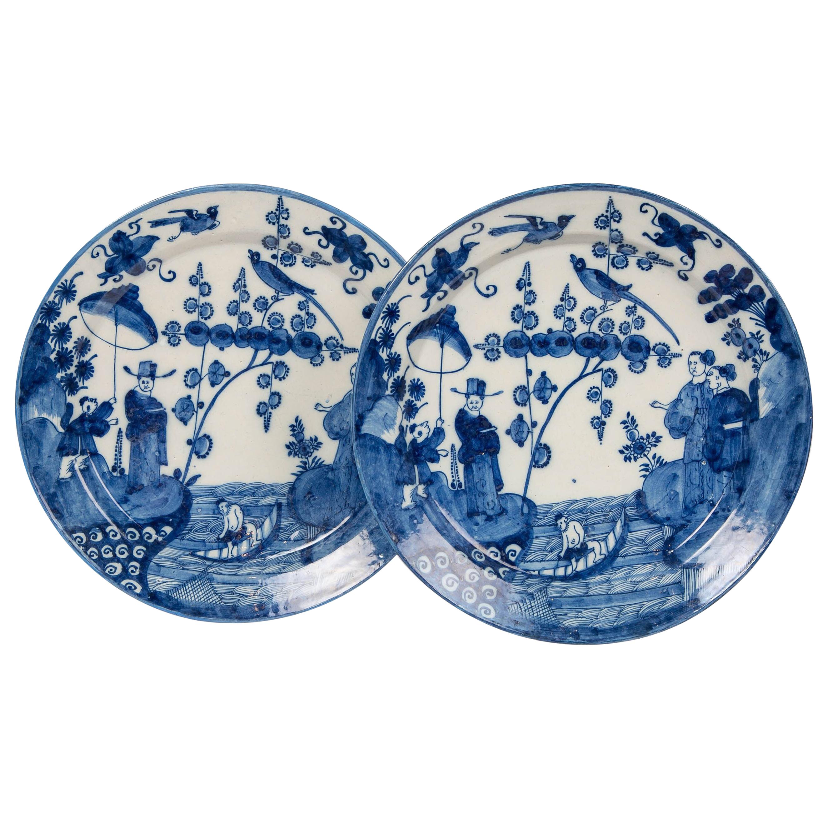 Pair of Antique Delft Chargers with Chinoiserie Scene, Netherlands circa 1693