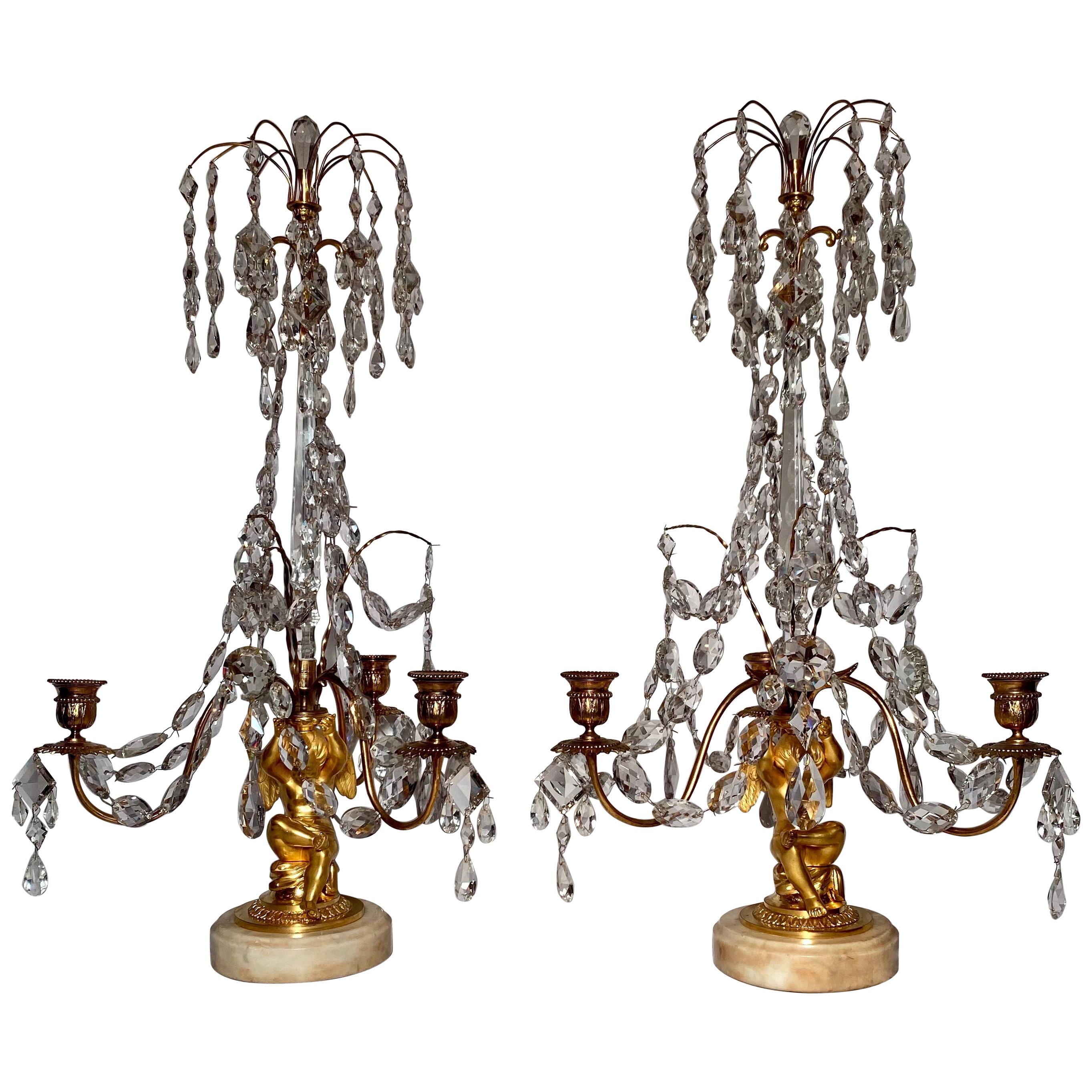 Pair of Antique Delicate Ormolu and Crystal Candelabra, circa 1890 For Sale