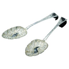 Pair Of Antique Dessert Spoons, English, Silver, Trifle, Hallmarked, Georgian