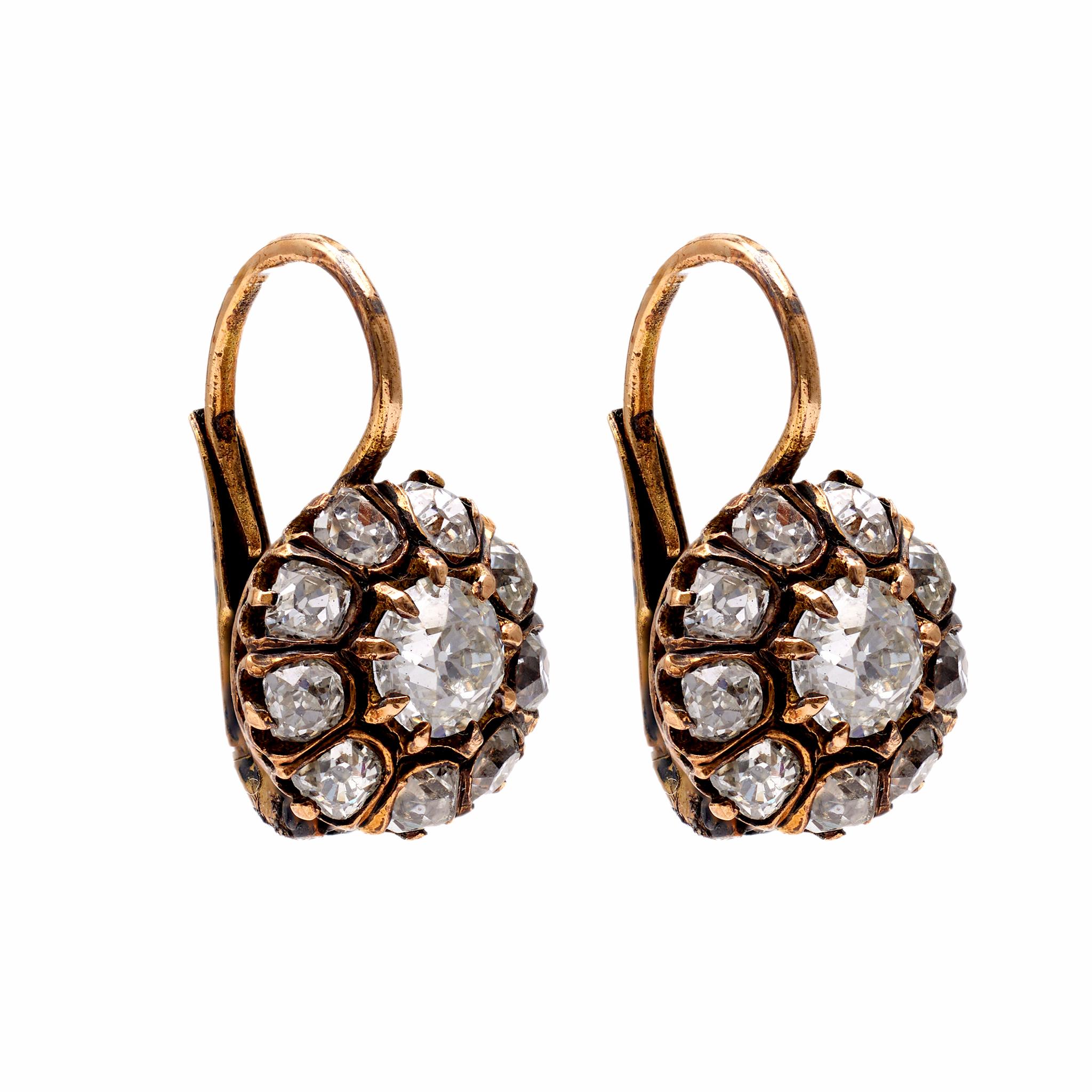 Women's or Men's Pair of Antique Diamond 18k Yellow Gold Cluster Drop Earrings For Sale
