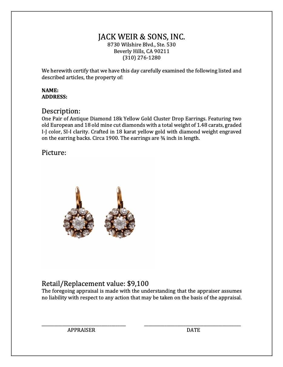 Pair of Antique Diamond 18k Yellow Gold Cluster Drop Earrings For Sale 1