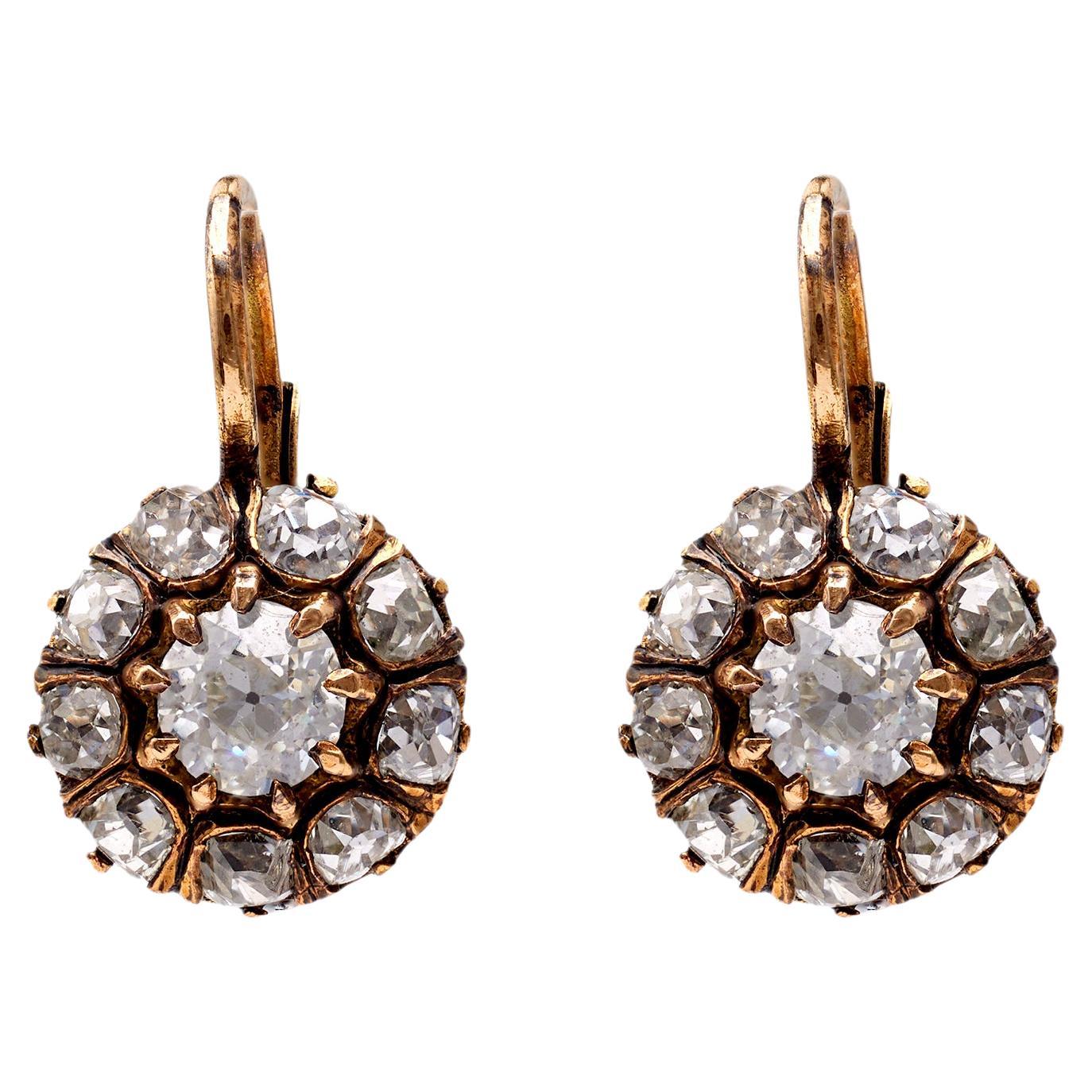 Pair of Antique Diamond 18k Yellow Gold Cluster Drop Earrings For Sale