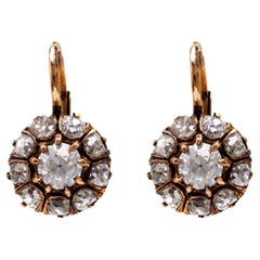 Pair of Antique Diamond 18k Yellow Gold Cluster Drop Earrings