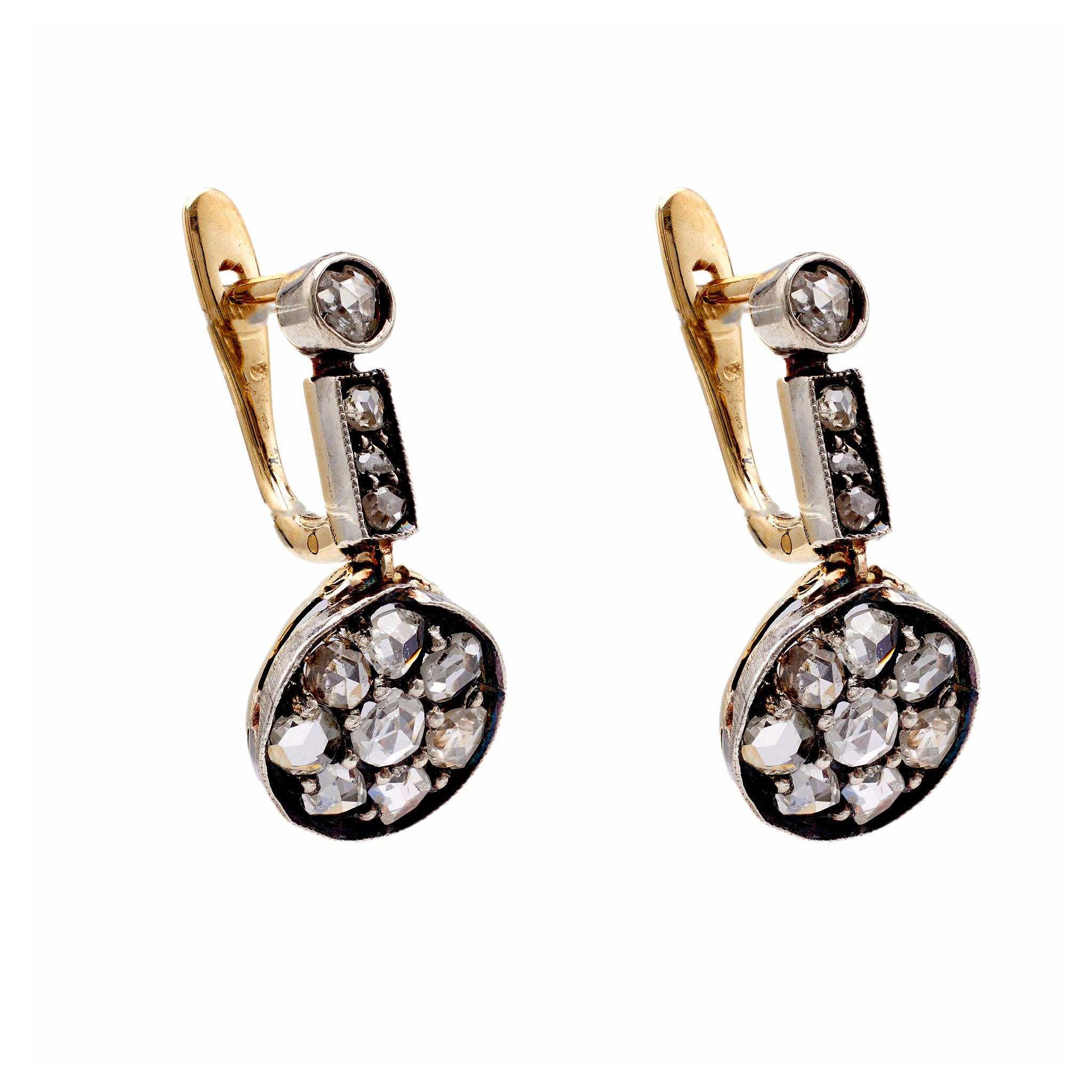 Women's or Men's Pair of Antique Diamond 18k Yellow Gold Silver Earrings For Sale