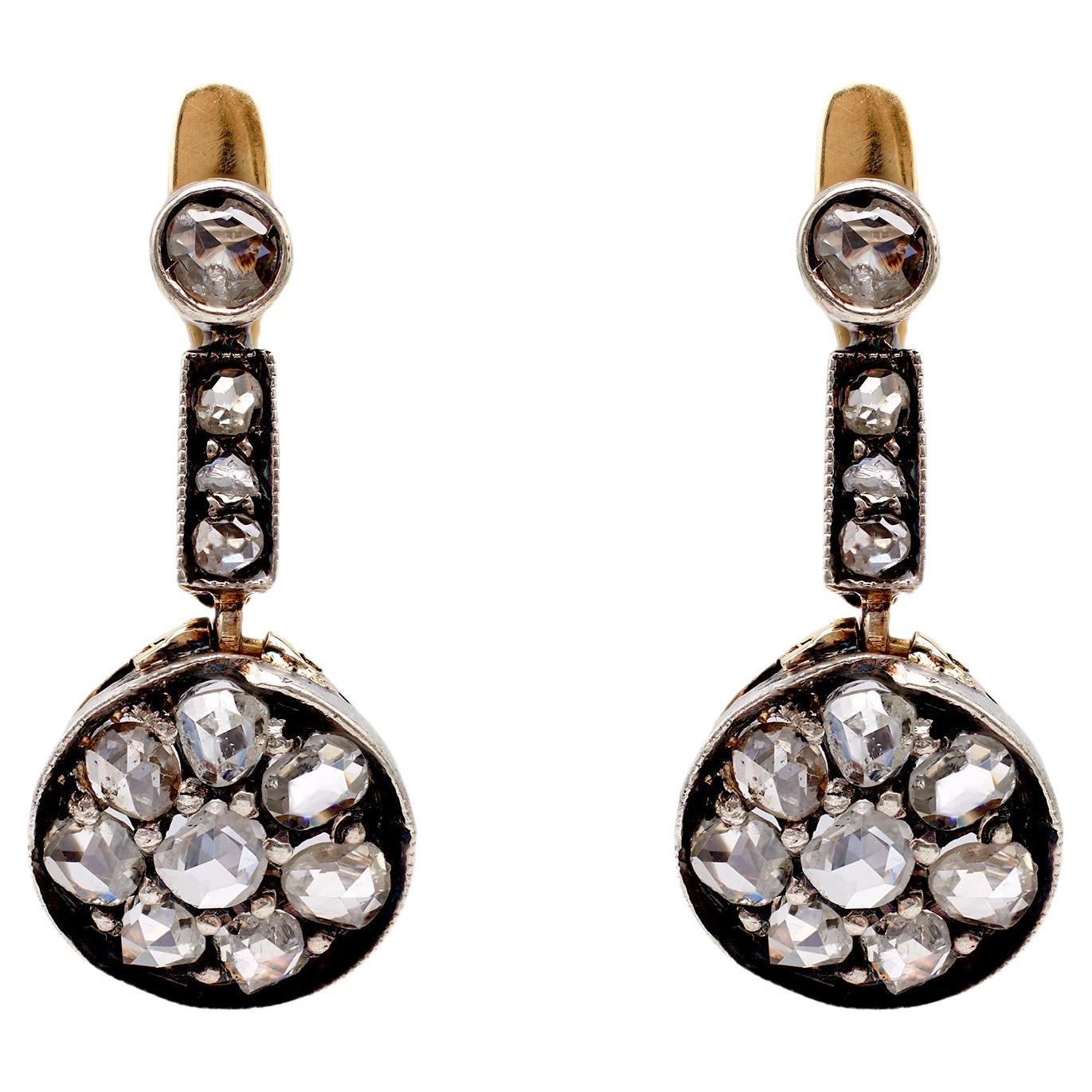 Pair of Antique Diamond 18k Yellow Gold Silver Earrings For Sale