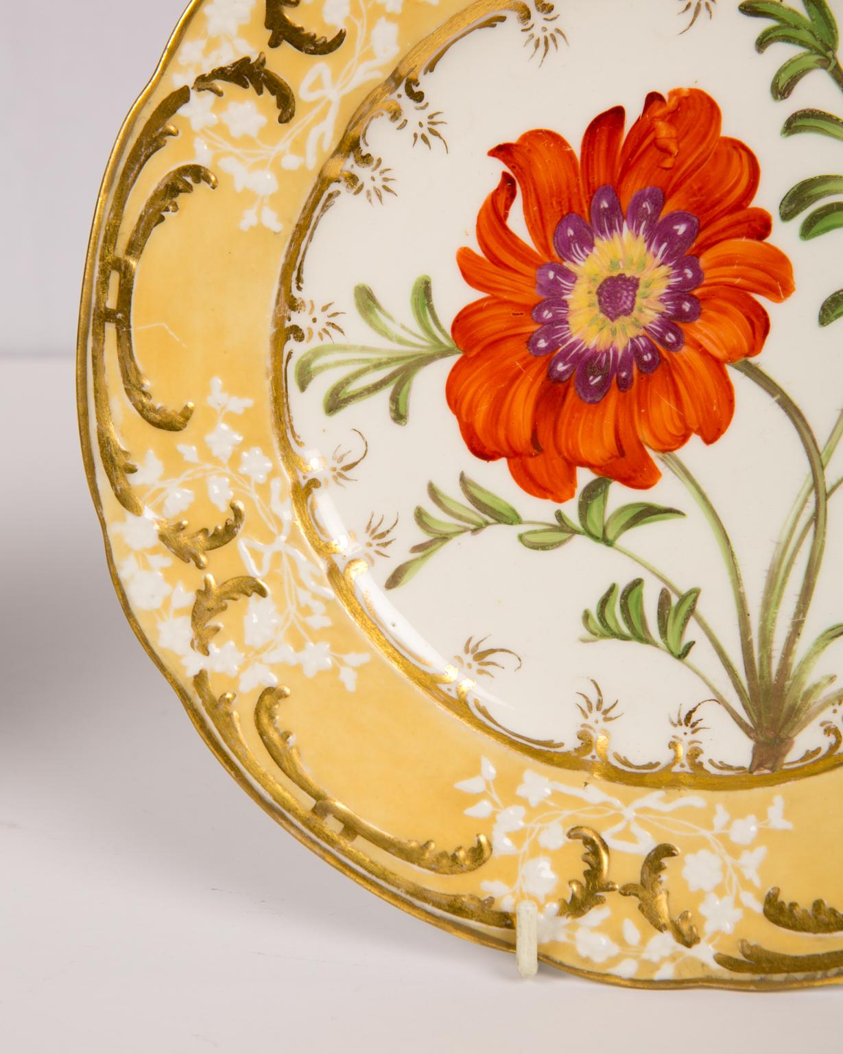 Porcelain Pair of Antique Dishes with Single Hand-Painted Flower circa 1825