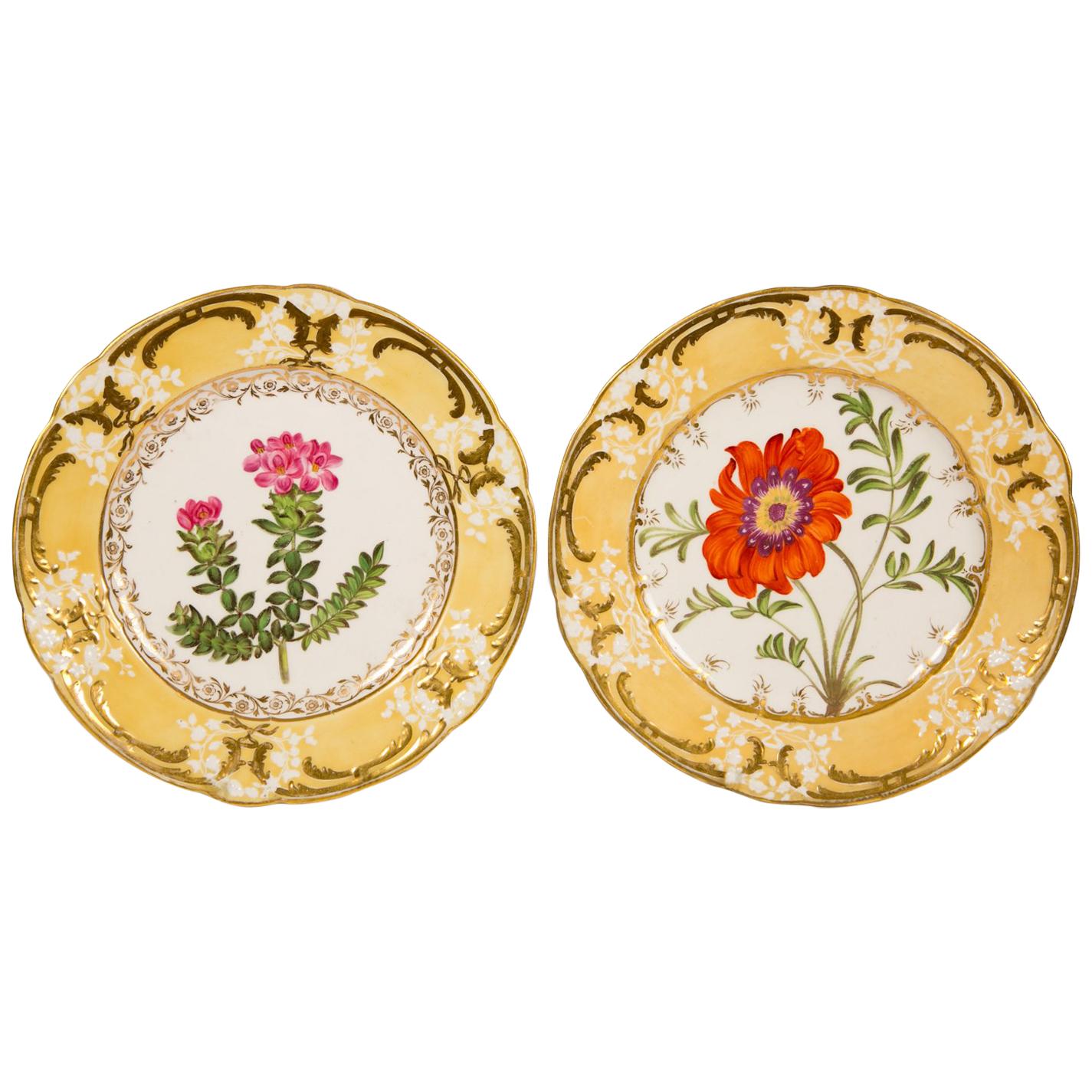 Pair of Antique Dishes with Single Hand-Painted Flower circa 1825