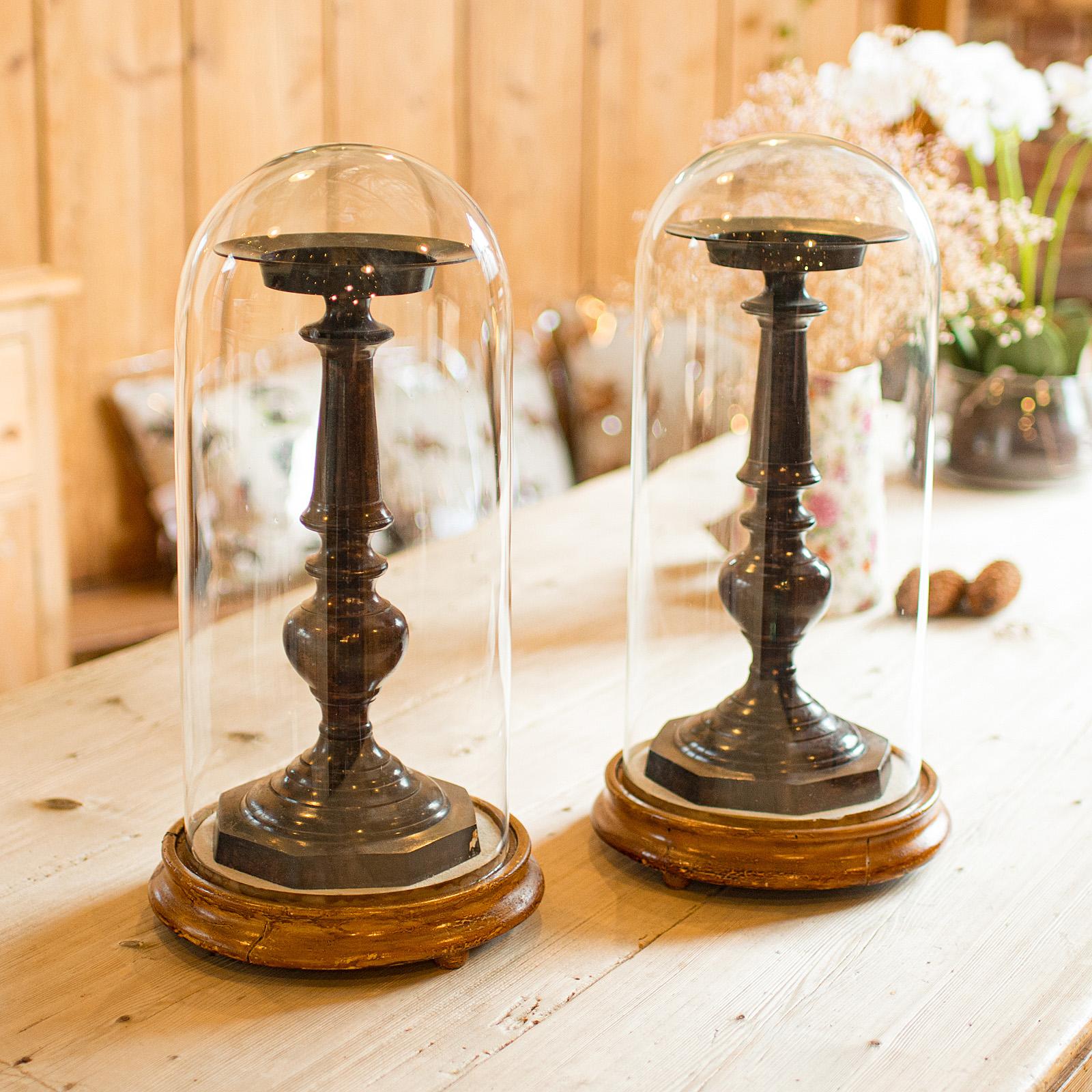 
This is a pair of antique display domes. An English, glass over pine taxidermy showcase, dating to the early Victorian period, circa 1850.

Superb display pair, with appealing bases and bright optics
Displaying a desirable aged patina and in good