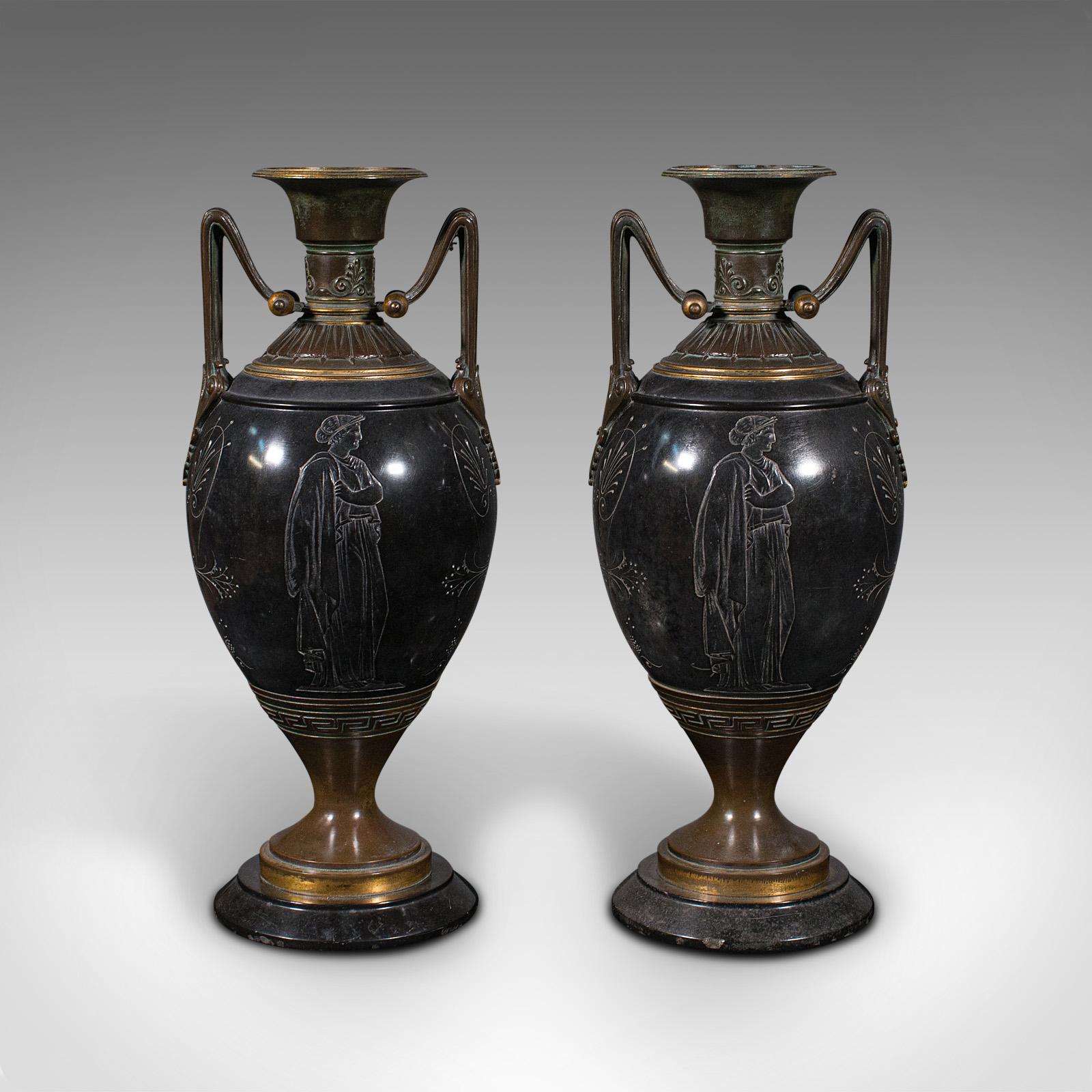 This is a pair of antique display vases. An Italian, heavy marble and bronze decorative urn, dating to the Grand Tour period, circa 1870.

A superior pair of elegant grand tour vases
Displaying a desirable aged patina and in good