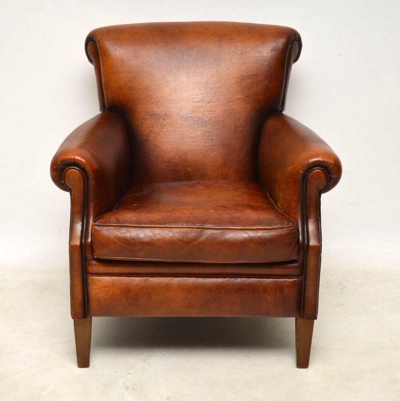 English Pair of Antique Distressed Leather Armchairs