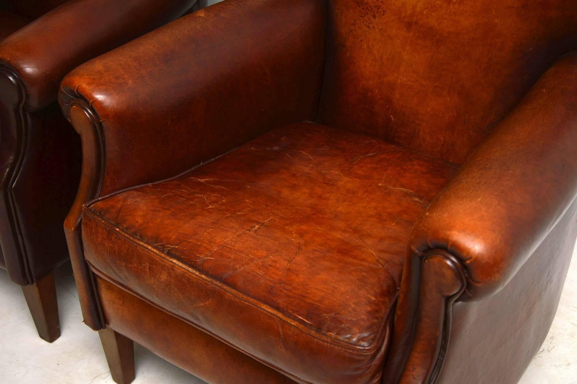 Pair of Antique Distressed Leather Armchairs 1