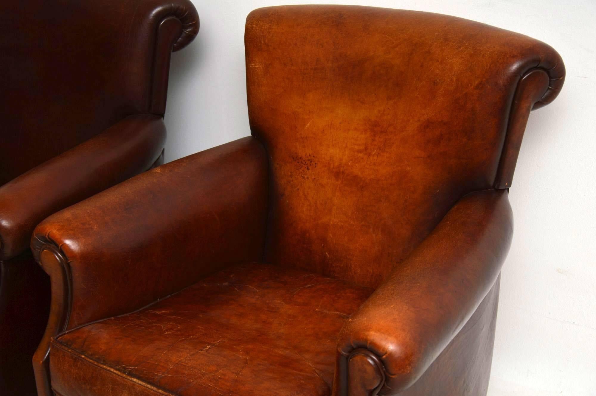 Pair of Antique Distressed Leather Armchairs 2