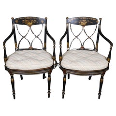 Pair of Antique Distressed Painted Ebonized English Regency Style Armchairs
