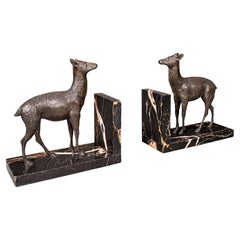 Pair Of Antique Doe Bookends, English, Spelter Bronze Deer, Book Rest, Edwardian