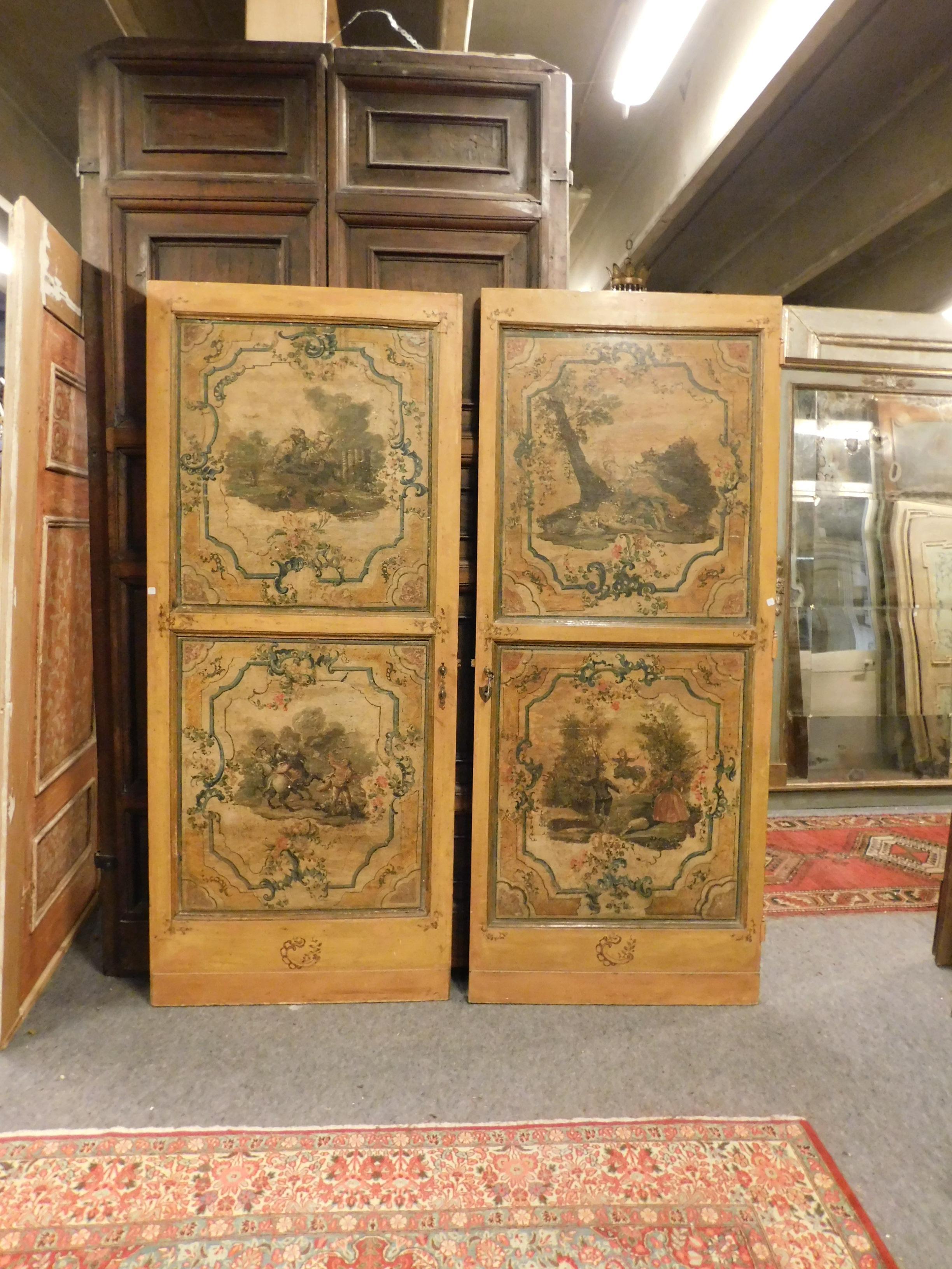 Pair of antique doors, 18th century, from Lombard castle (Italy), lacquered wood and hand painted, bilateral, beautiful on both sides, impossible to find in pairs, completely original with locks and keys, in excellent condition.
Perfect also as