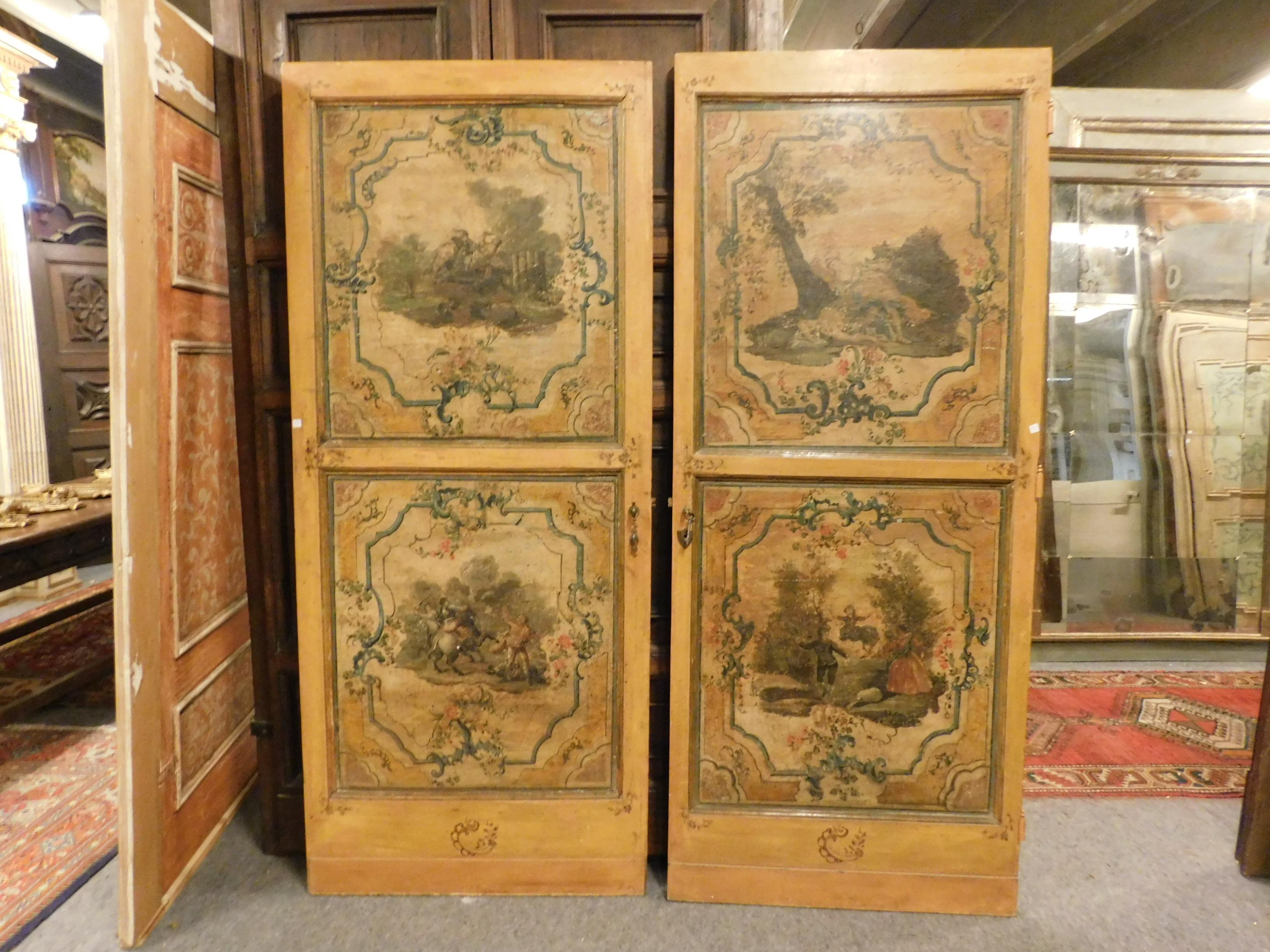 Italian Pair of Antique Doors, 1700, Italy, Wood, Lacquered, Hand Painted, Bilateral