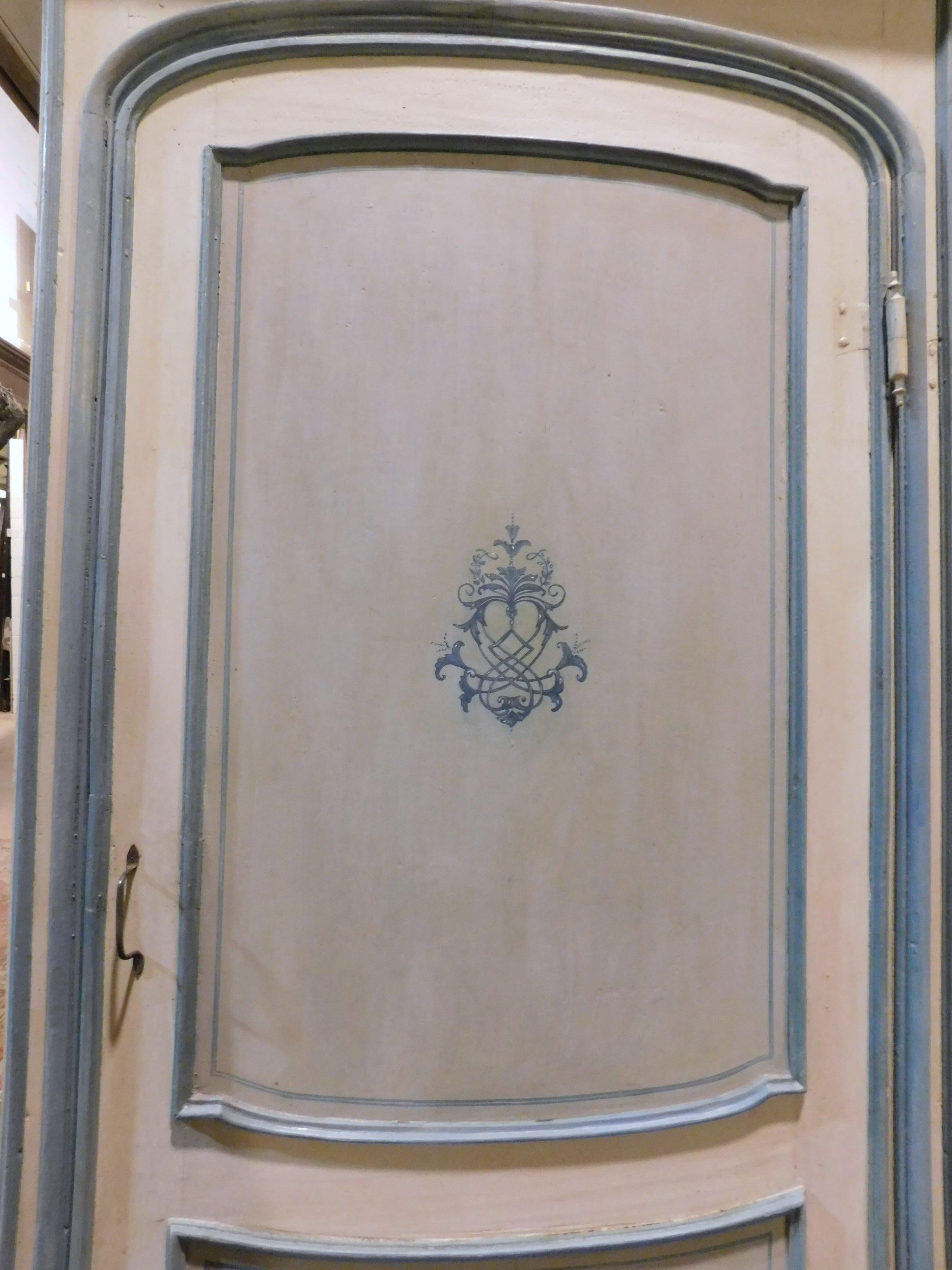 18th Century and Earlier Pair of Antique Doors Painted with Frame, Blue and Gray with Frame, 1700, Italy For Sale