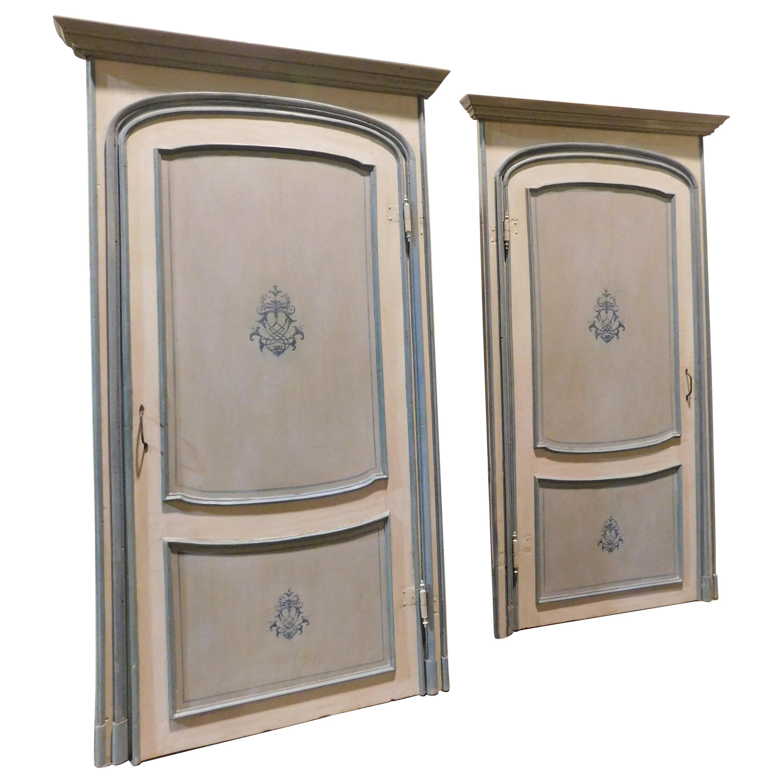 Pair of Antique Doors Painted with Frame, Blue and Gray with Frame, 1700, Italy For Sale