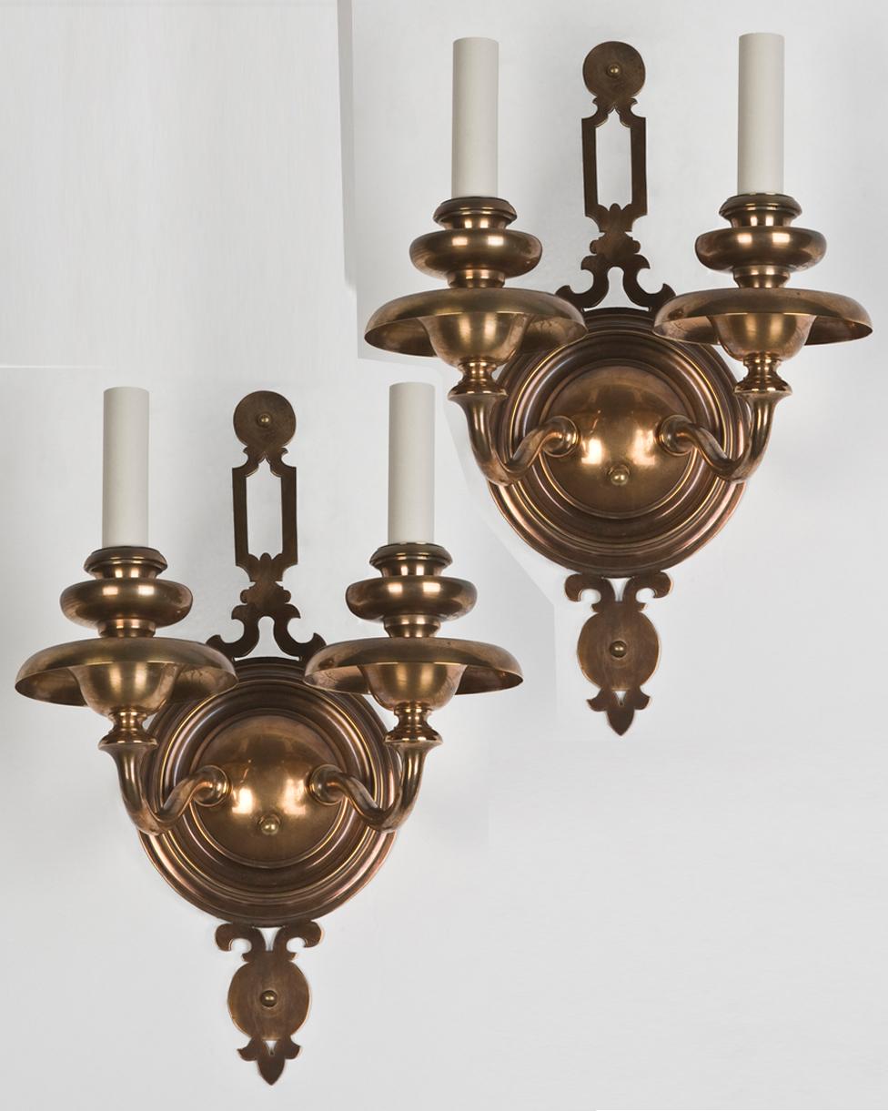 American Pair of Antique Double Light Brass Sconces