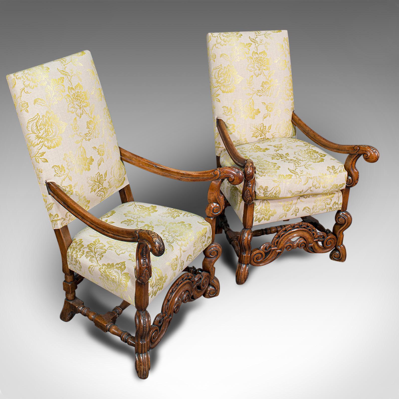 Pair of Antique Drawing Room Elbow Chairs, English, Walnut, Armchair, Georgian 1