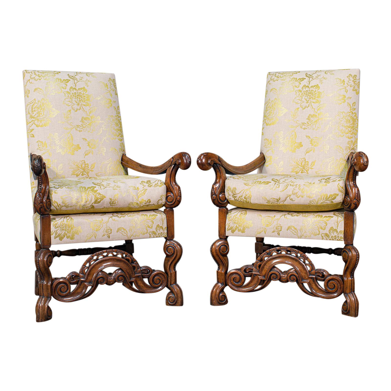 Pair of Antique Drawing Room Elbow Chairs, English, Walnut, Armchair, Georgian