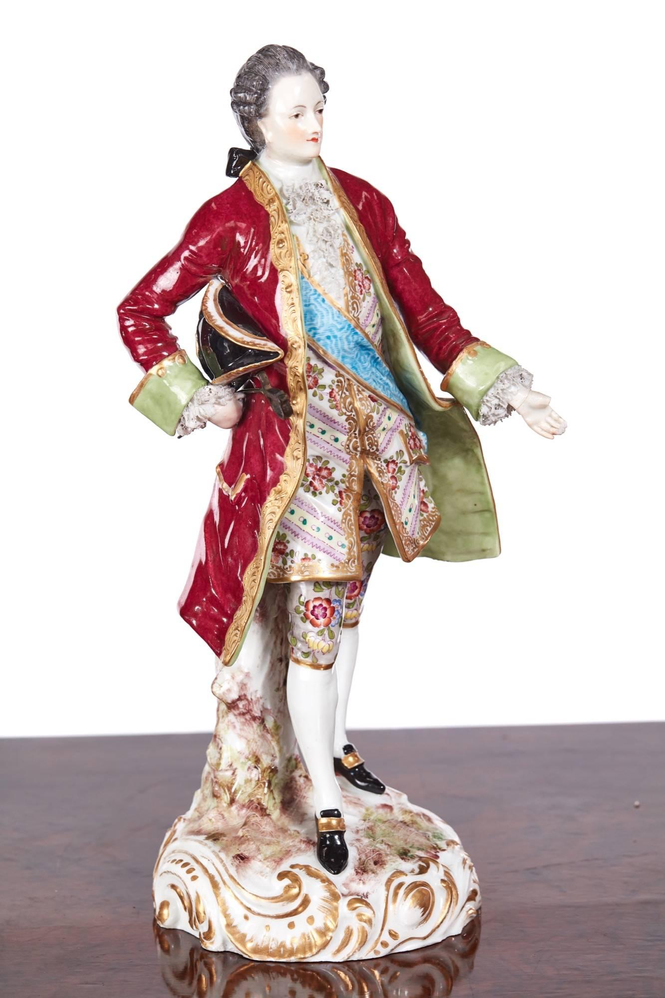 Pair of antique Dresden figures, of a lady and a gentleman in lovely colorful 18th century dress slight damage to figures.
