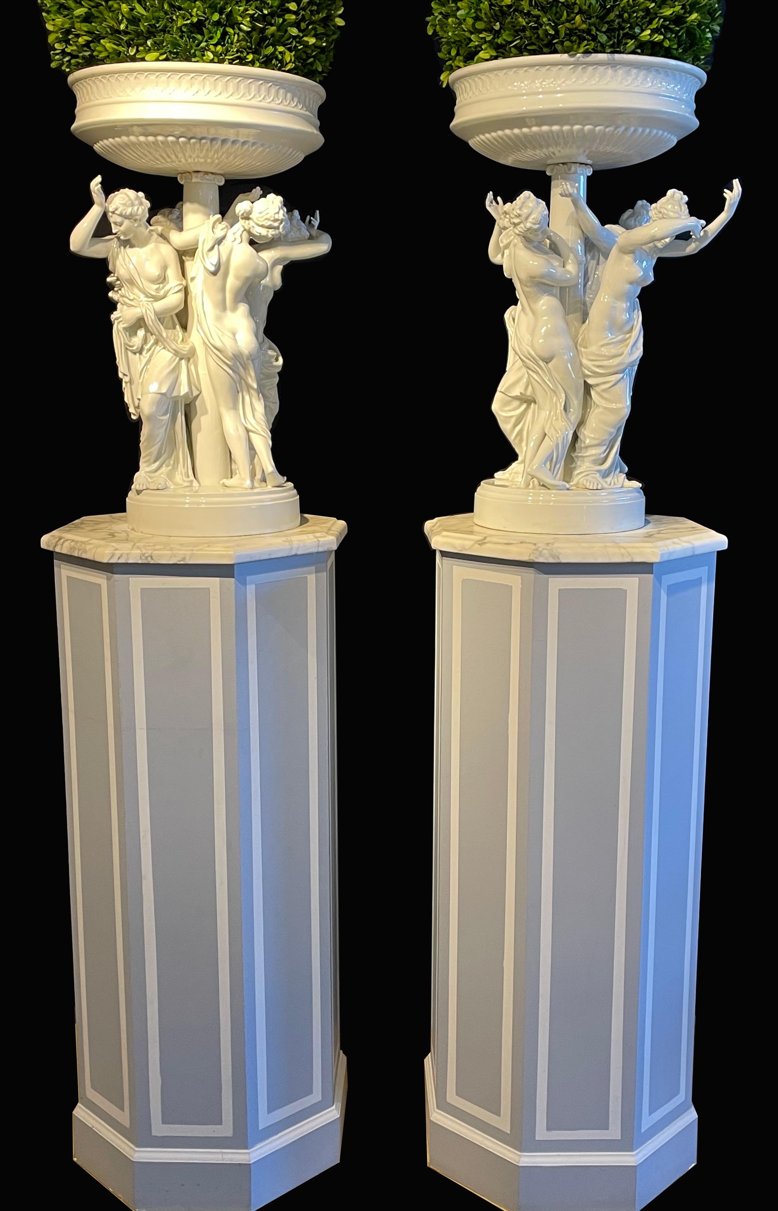 German Pair of Antique Dresden Planters Jardinières, Each with Four Dancing Nymphs