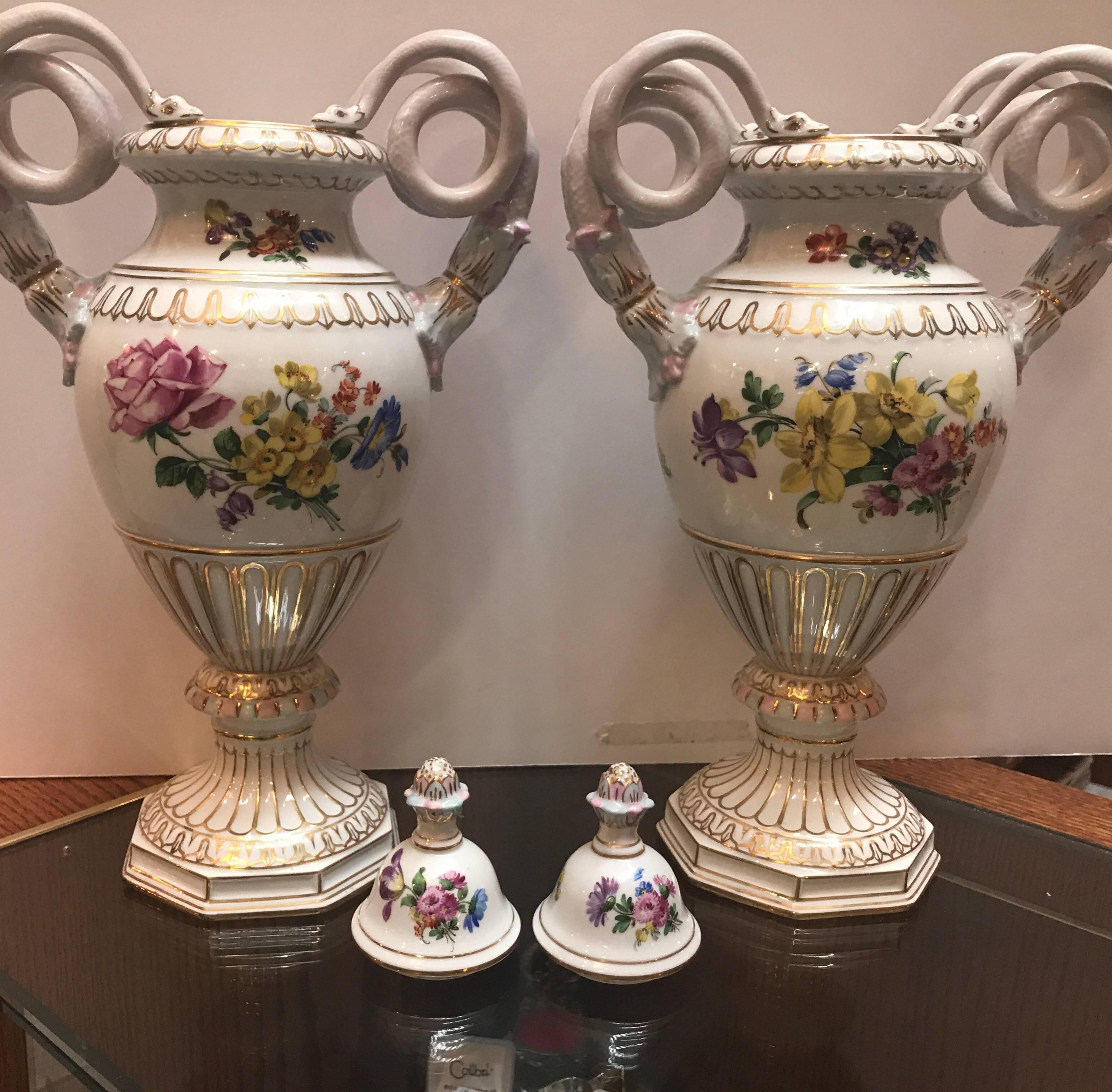 Pair of Antique Dresden Porcelain Snake Handled Urns 7