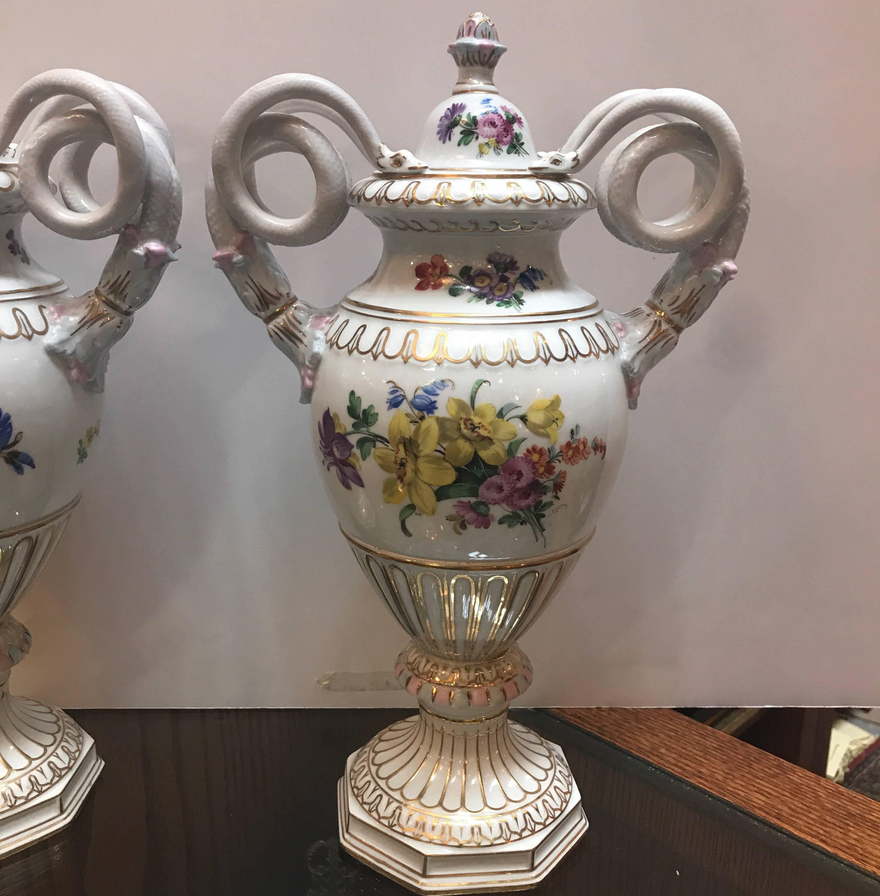 Neoclassical Pair of Antique Dresden Porcelain Snake Handled Urns